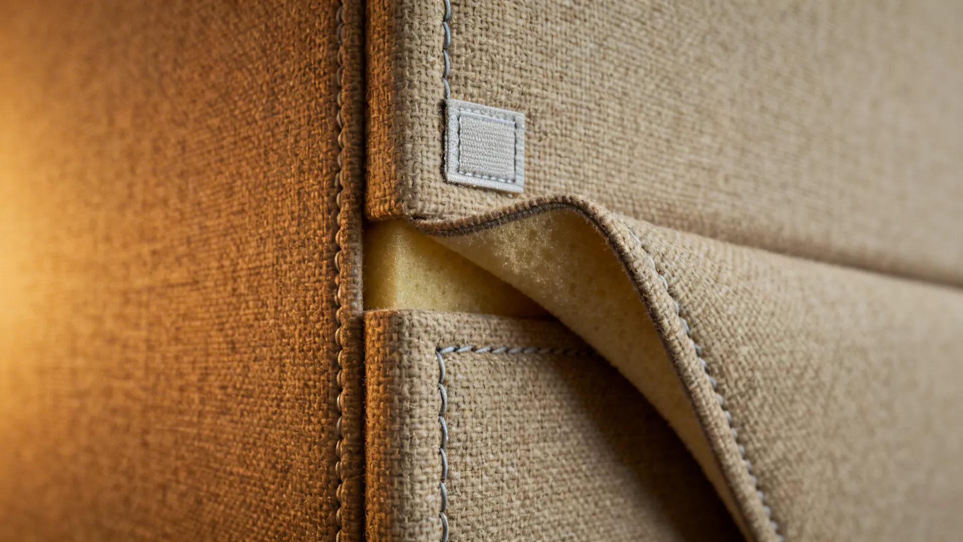 Macro of tight-weave fabric acoustic panel with removable cover detail.