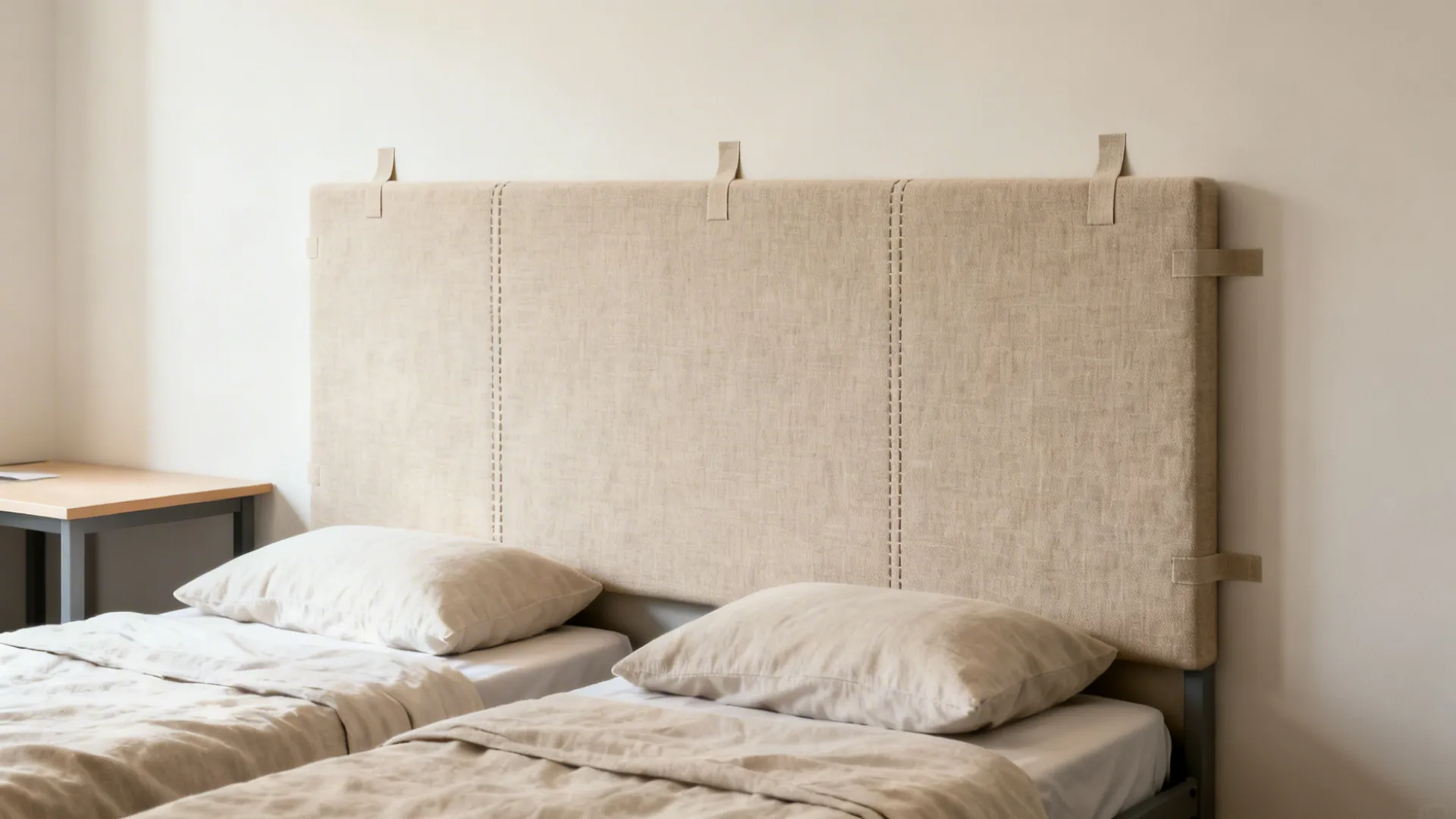 Linen-covered fabric panel behind a twin bed adds texture and acoustic comfort in a hostel room.