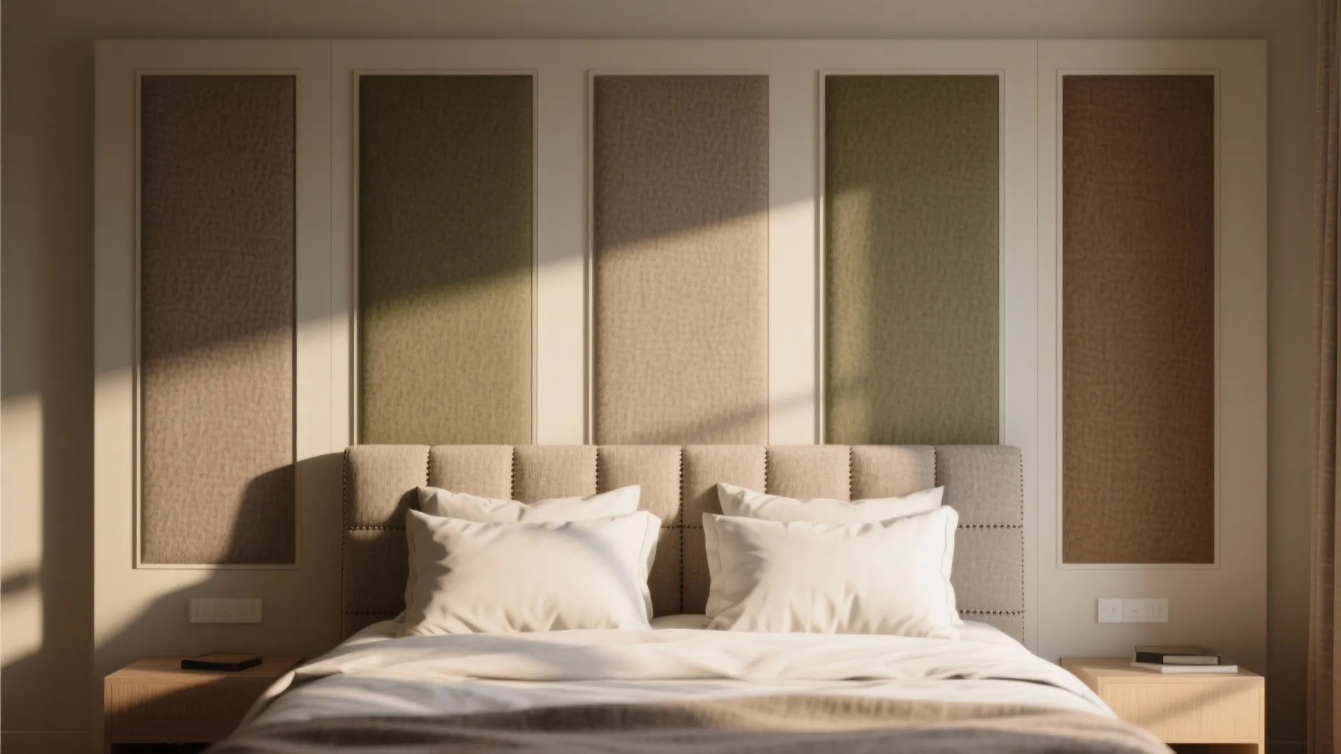 Modern bedroom featuring a grey bed with green and brown wall panels and warm sunlight