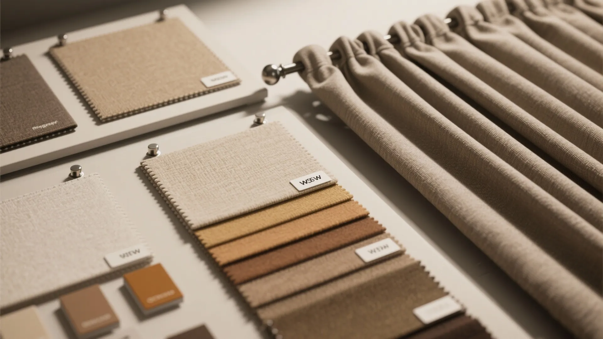 Collection of fabric material samples in beige and brown tones with a matching pleated curtain