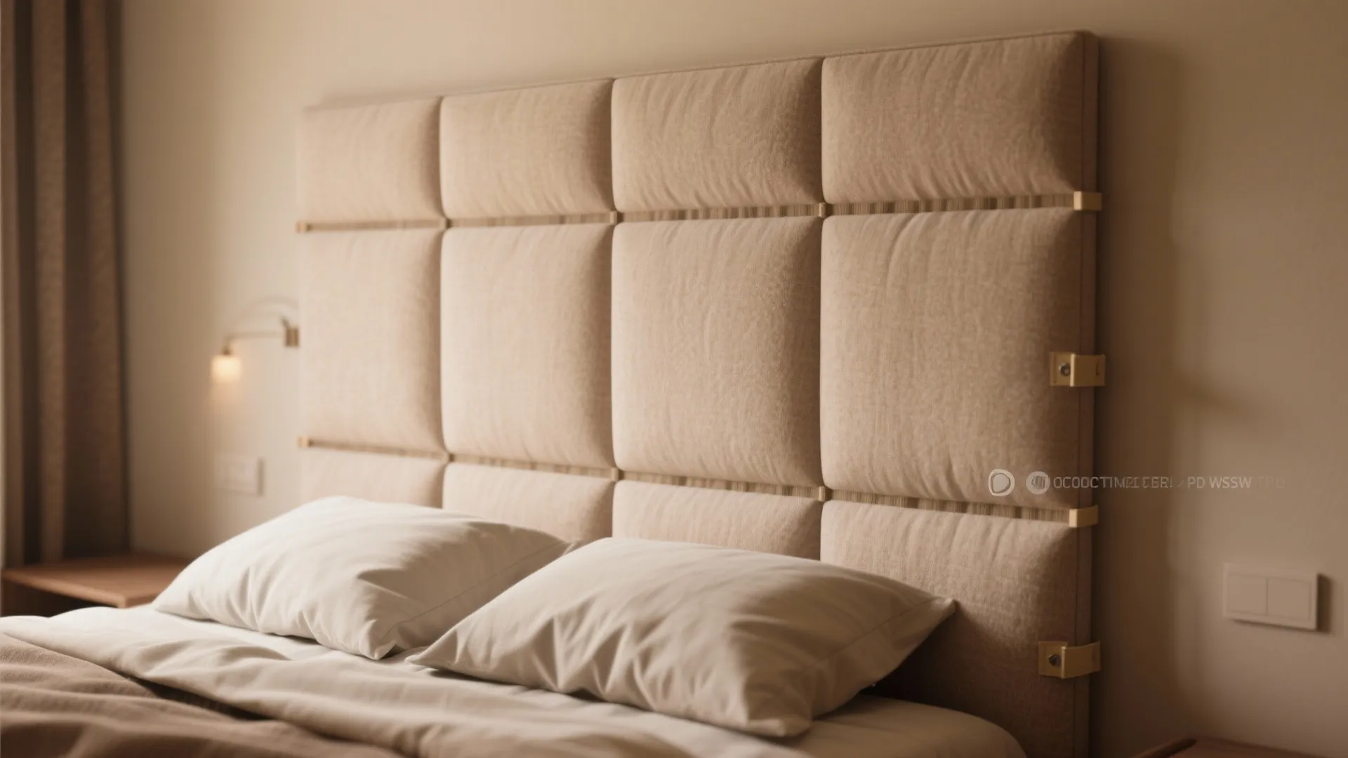Close up of a beige fabric panel headboard with white pillows on a comfortable bed