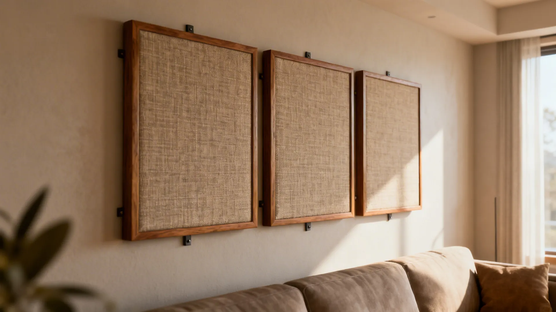 Textural fabric-covered wall panels with wooden frames mounted as a set.