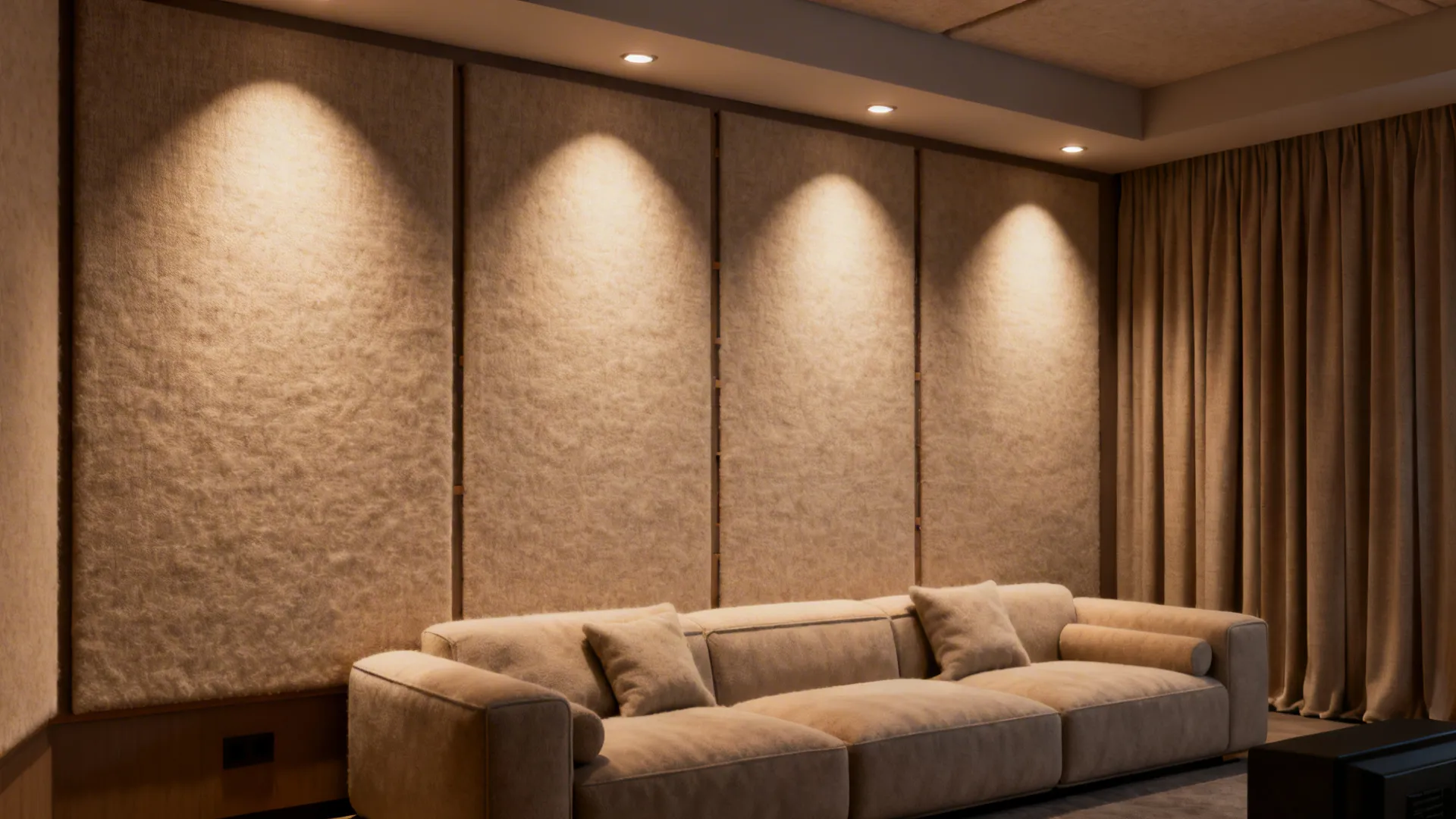 Cozy living room with wool fabric-covered wall panels for improved acoustics