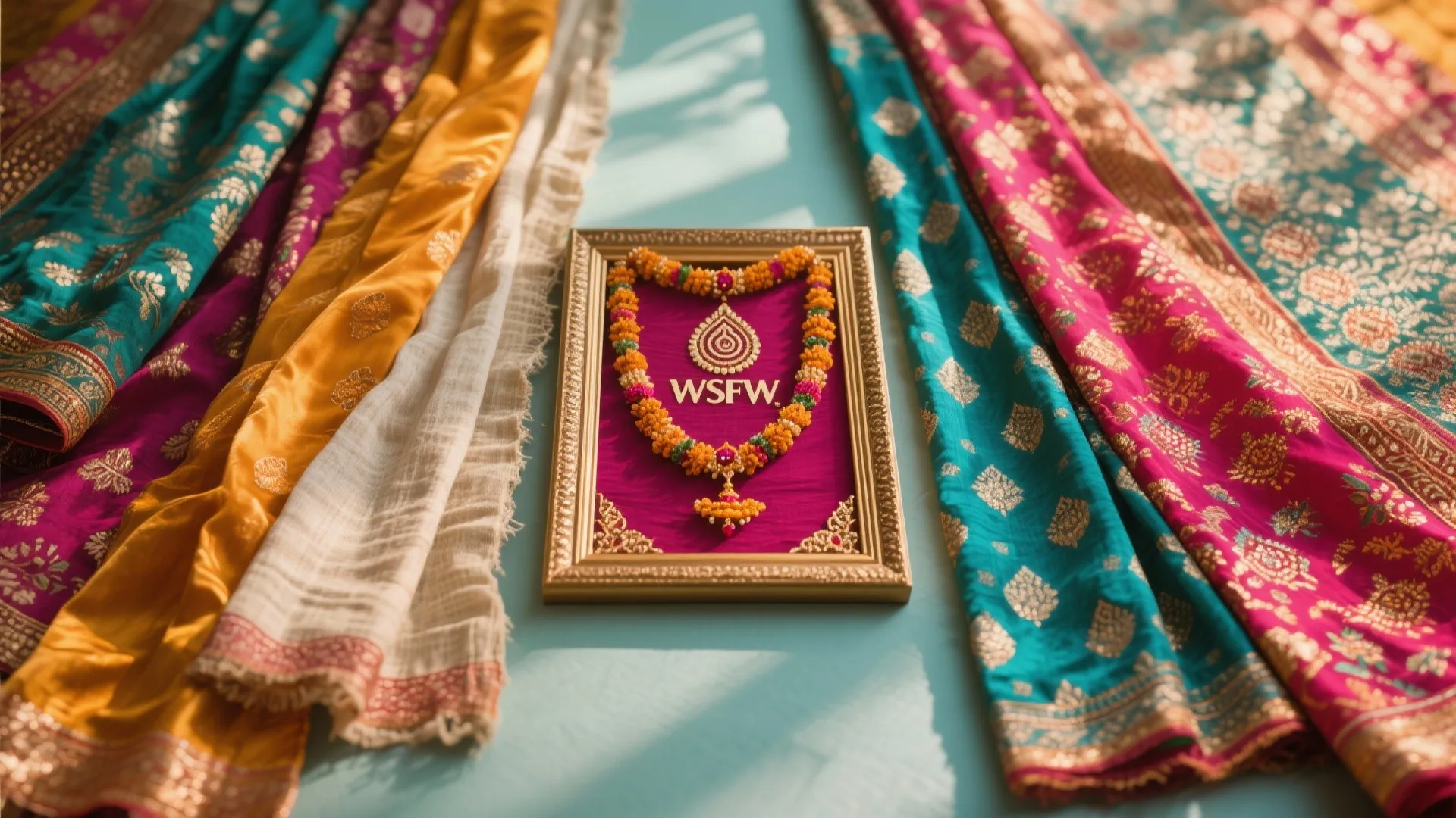 Colorful silk fabric curtains surrounding a small framed wall art piece with a traditional flower garland