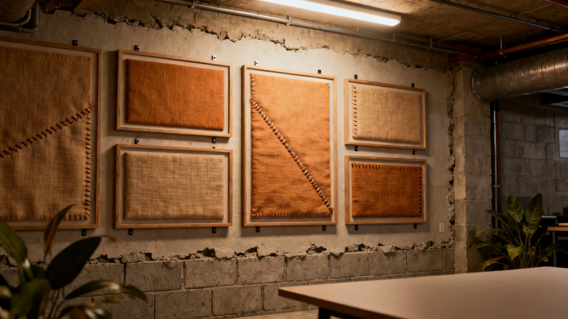 Framed fabric acoustic panels mounted on a cinder block wall in a home studio.