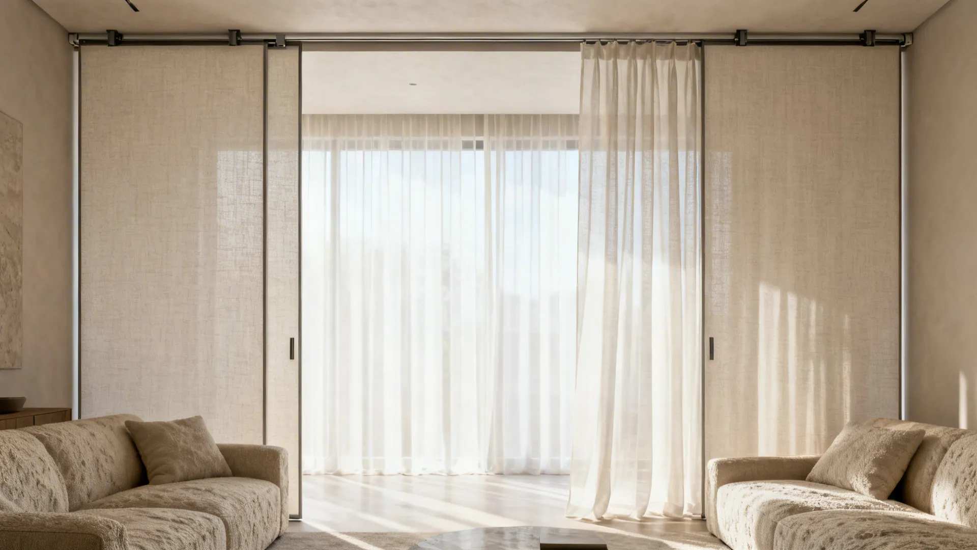 Beige fabric room dividers separating a living area with soft sofas and bright sunlit windows