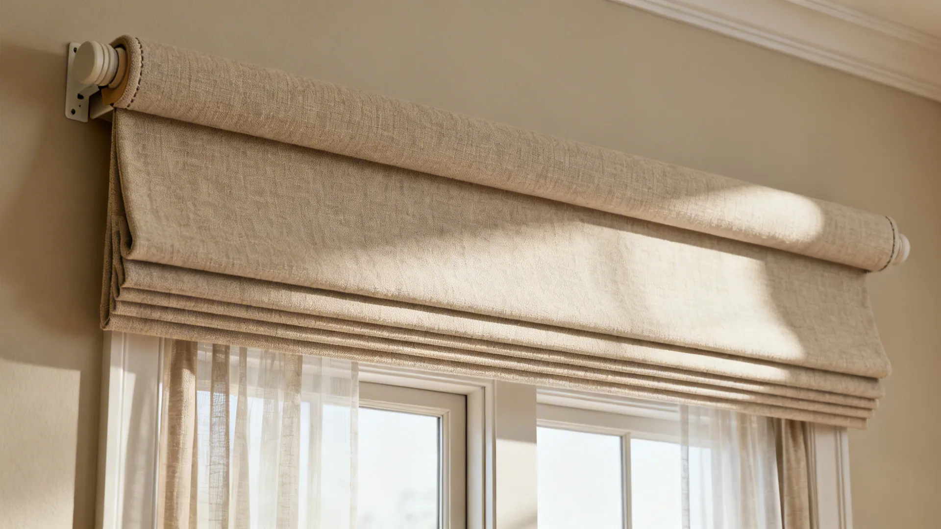 Beige fabric curtain installed above a window with sunlight and soft white sheer curtains underneath