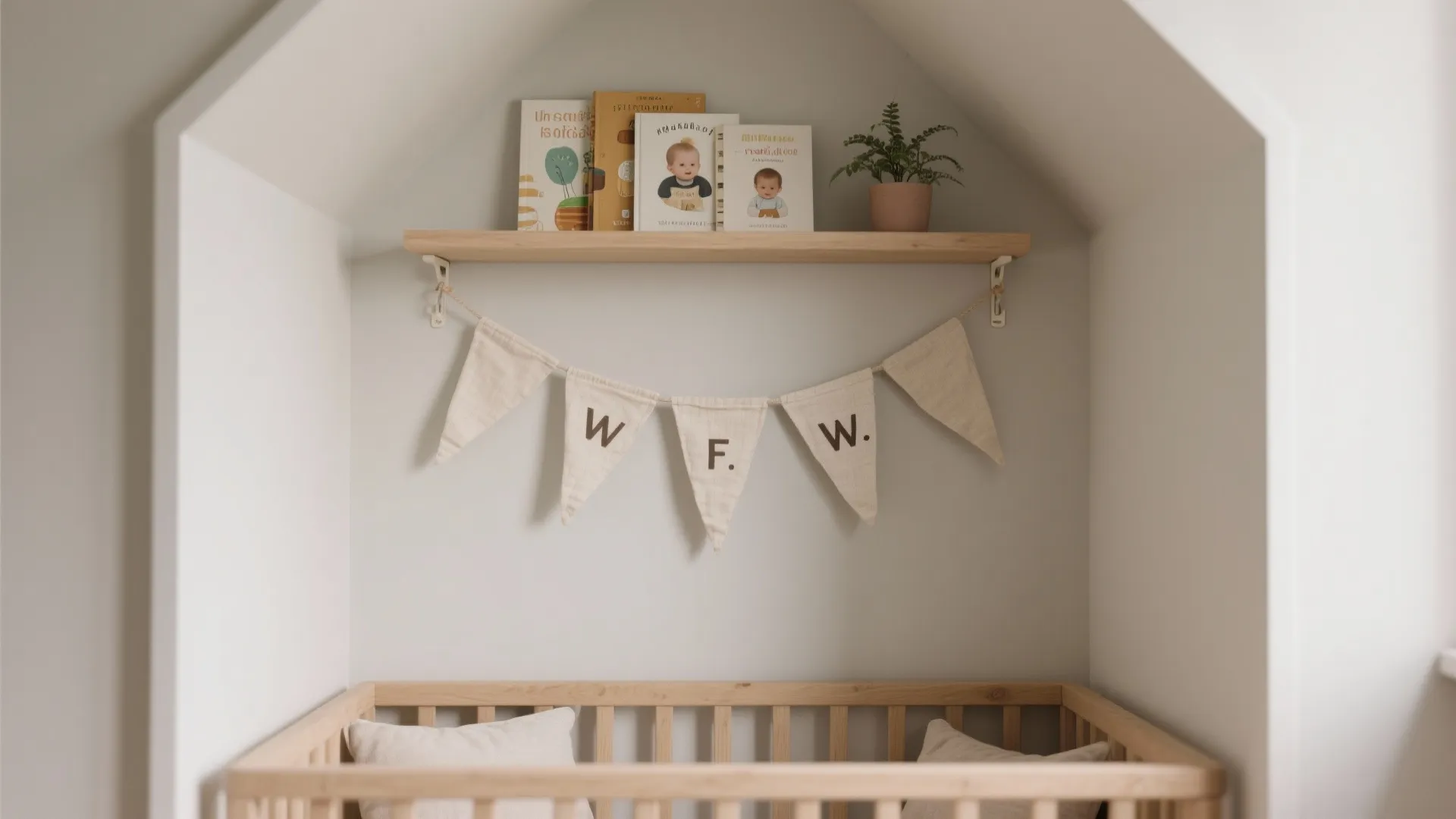 Wooden shelf with baby books above a crib featuring a fabric flag banner for decoration
