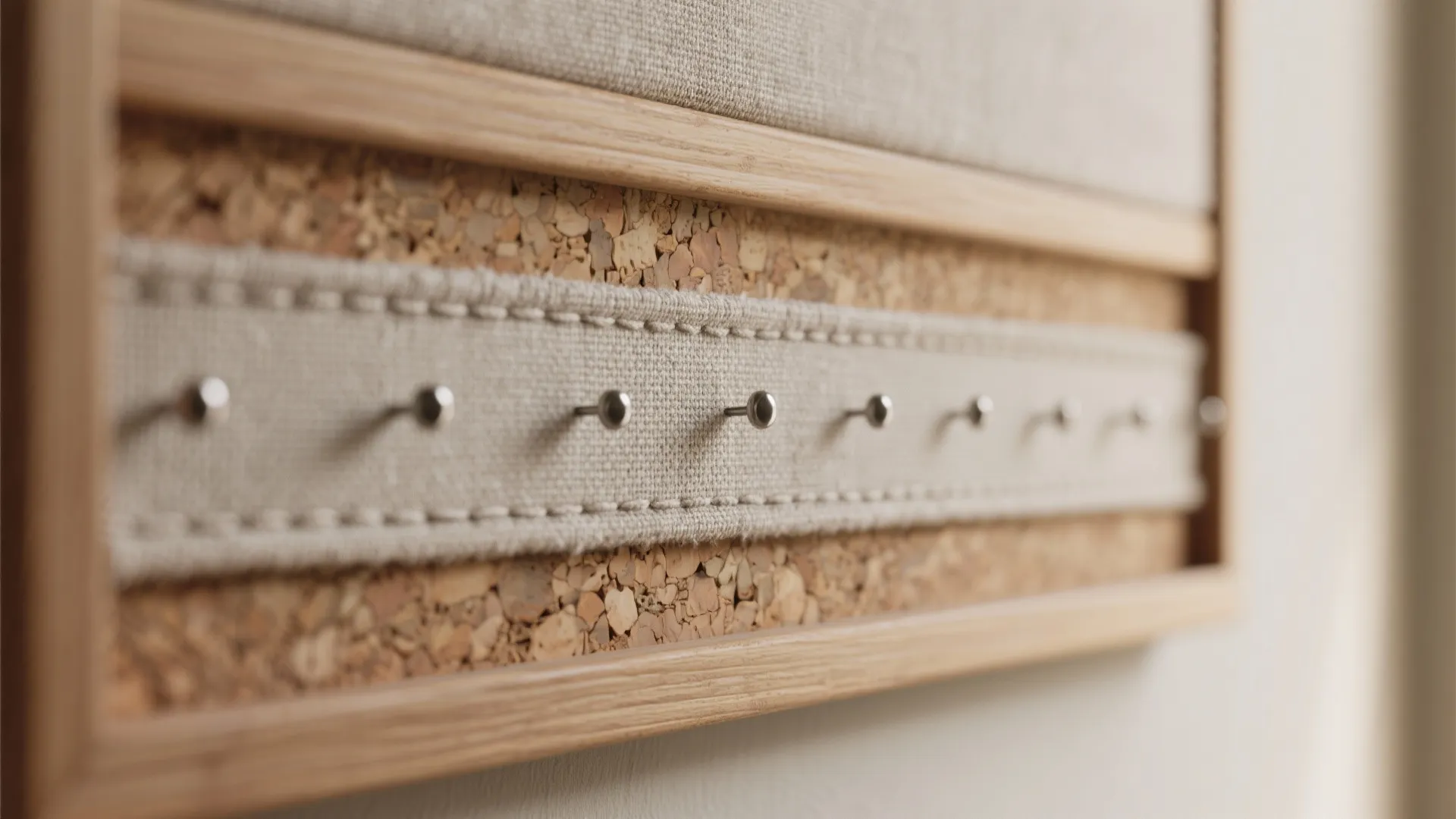 Close up view of a cork board with fabric strip and metal pins in wooden frame