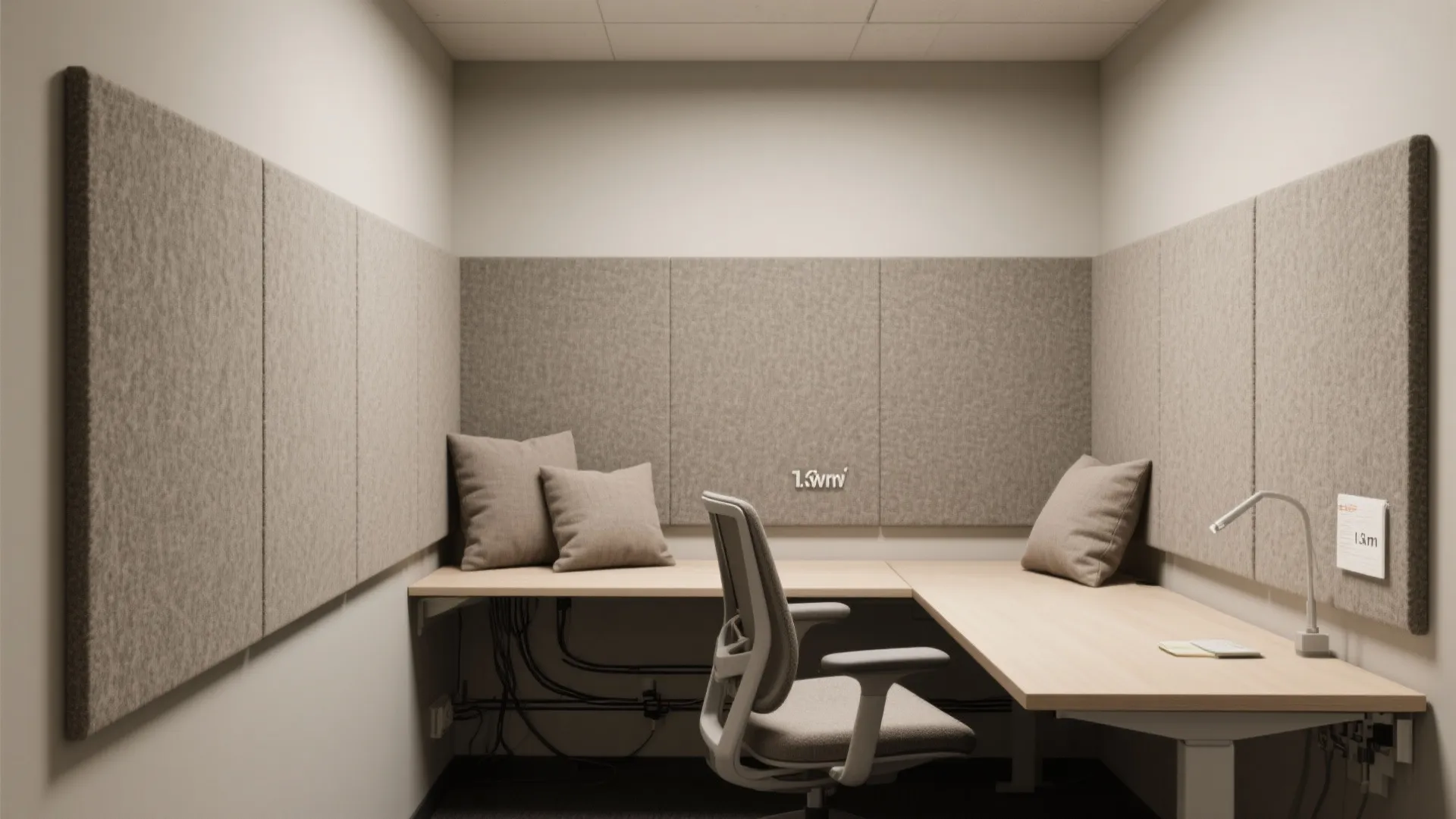 Alcove study wall with fabric-wrapped acoustic pinboards, tidy desk and muted textiles