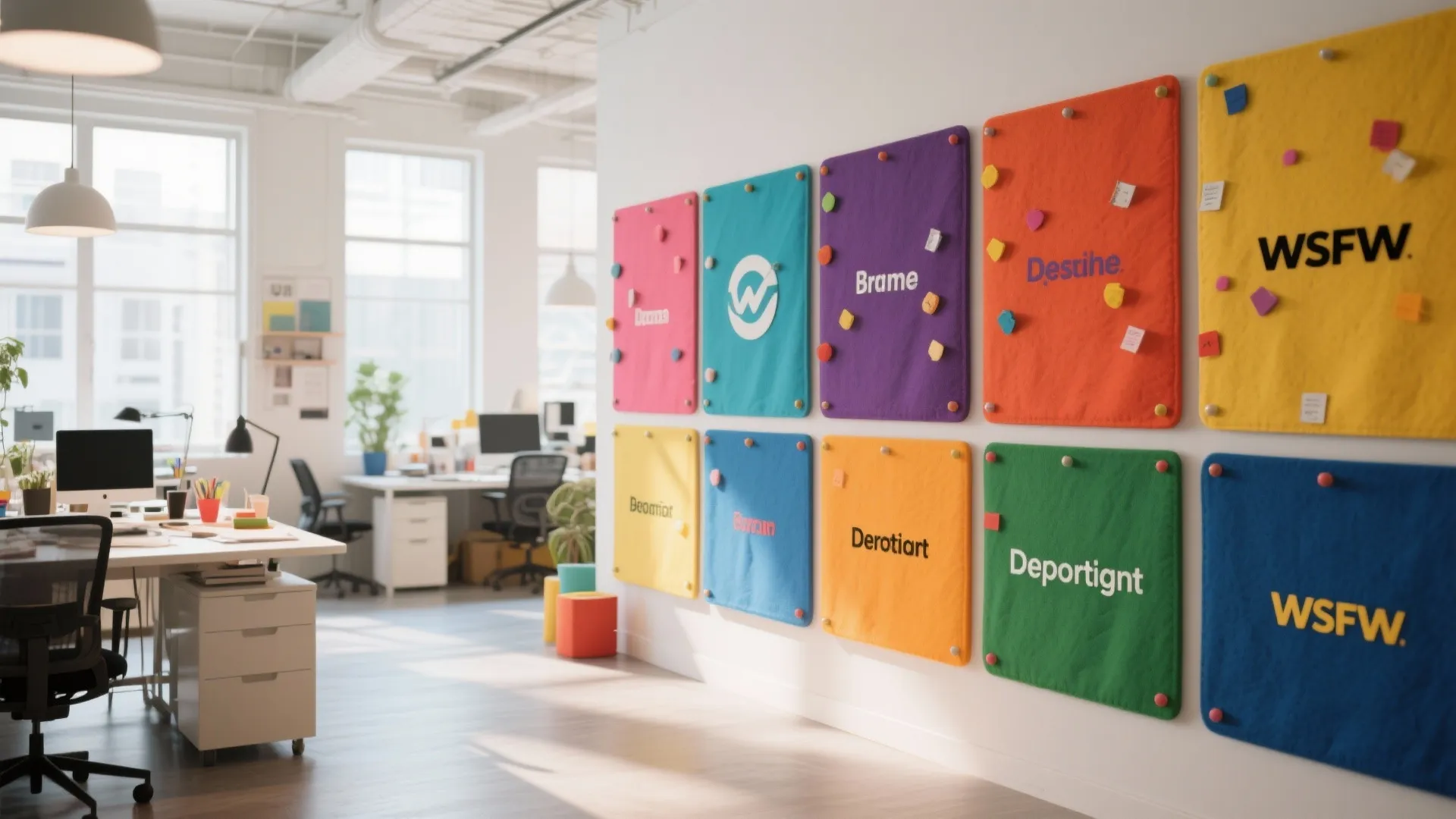 Colorful fabric pinboards on white wall in open office with desks and a ceiling light