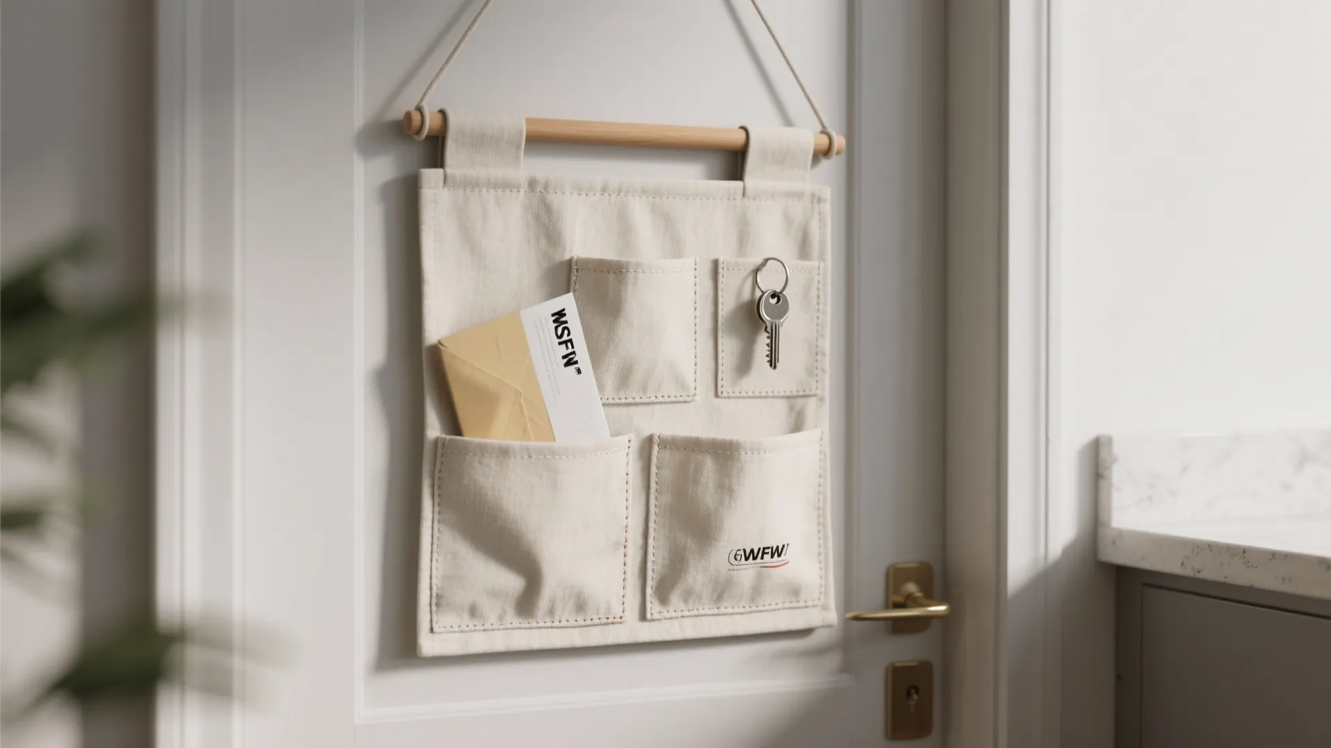 Cream fabric wall organizer with four pockets hanging on a white door holding some mail
