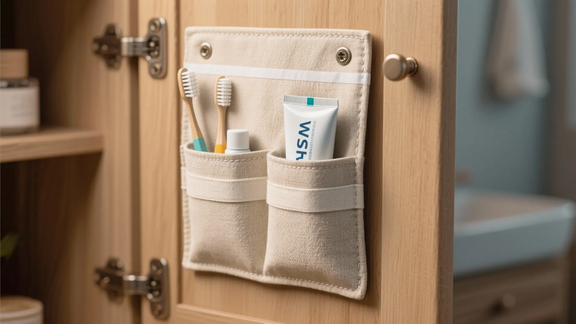 Fabric adhesive pocket pouches on cabinet door holding toothbrushes and travel toiletries