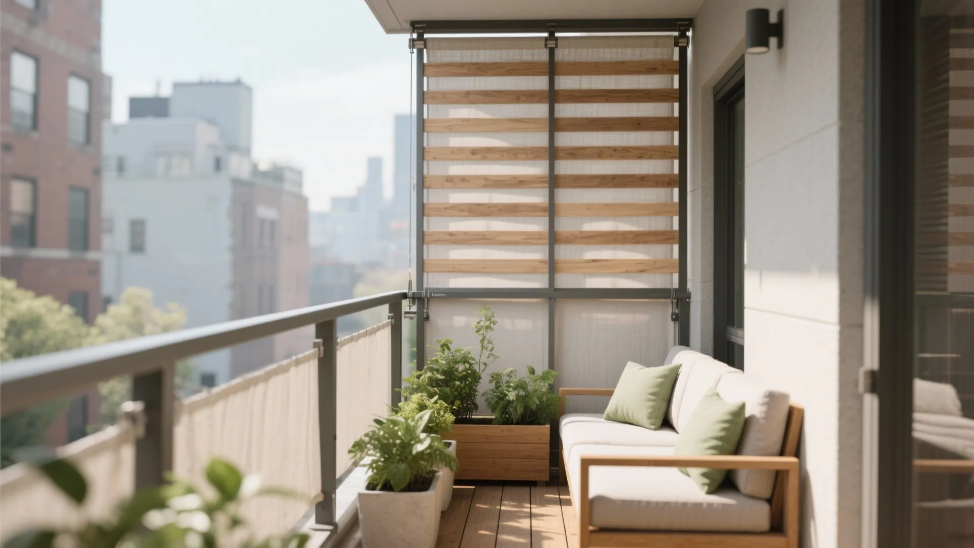 Small balcony with tension-mounted privacy screens, wood slats, and marine-grade fabric filtering daylight.