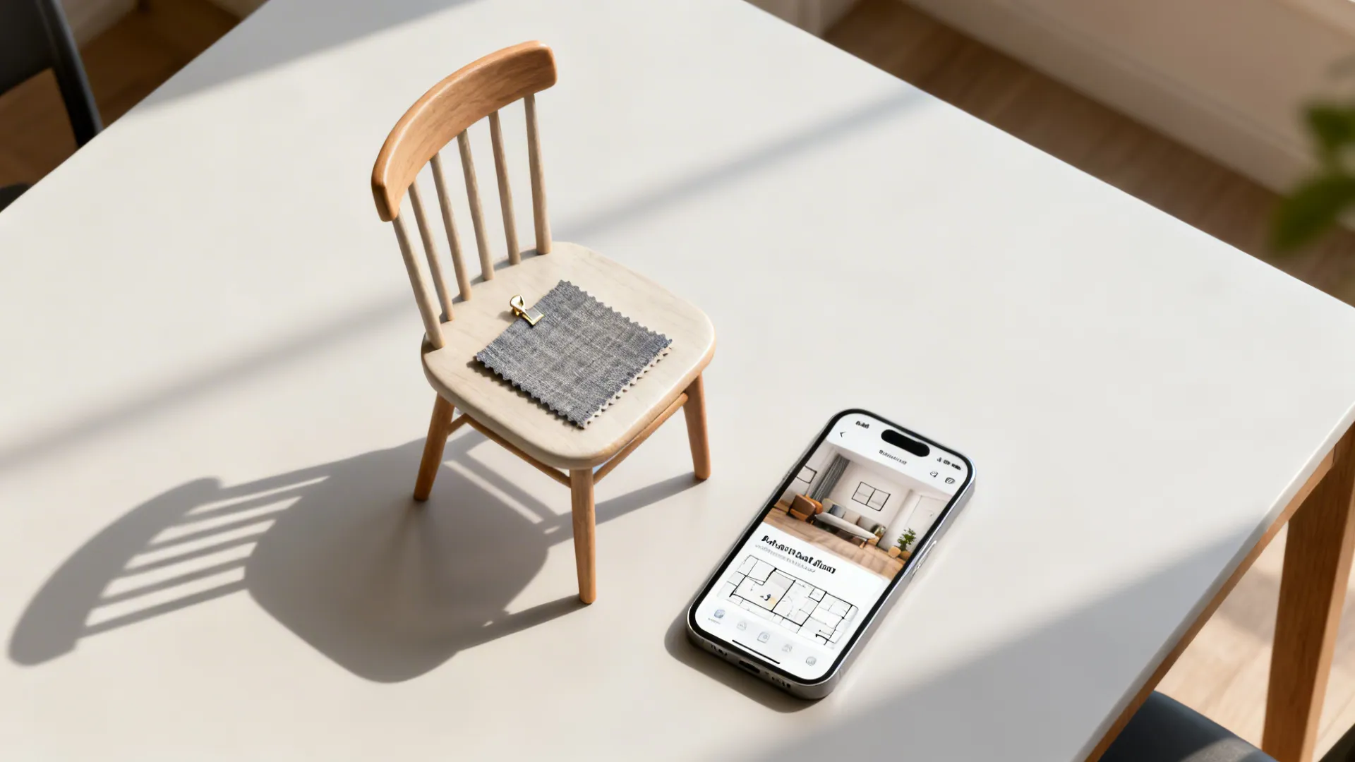 Top-down view of a chair with fabric swatch and phone showing a room planner mockup.