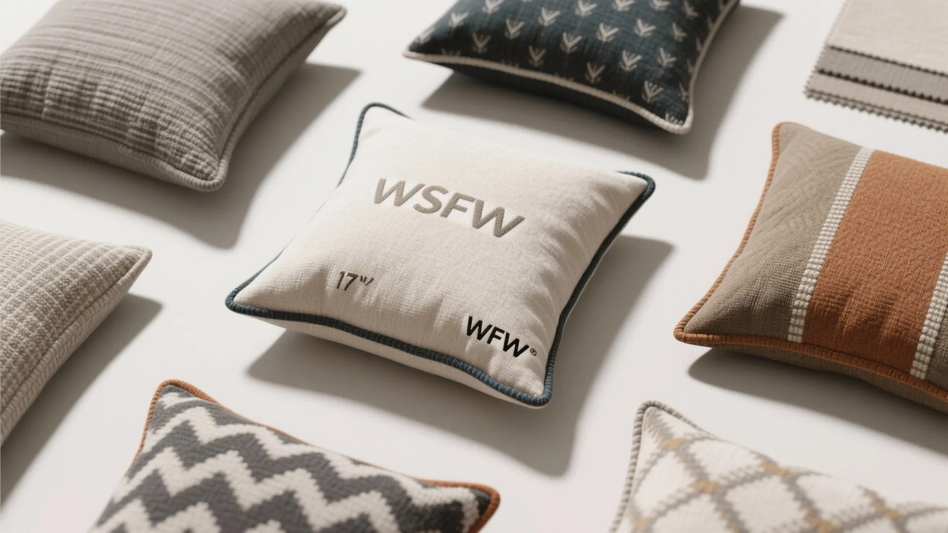 Various decorative throw pillows with different patterns and colors spread out on a white floor