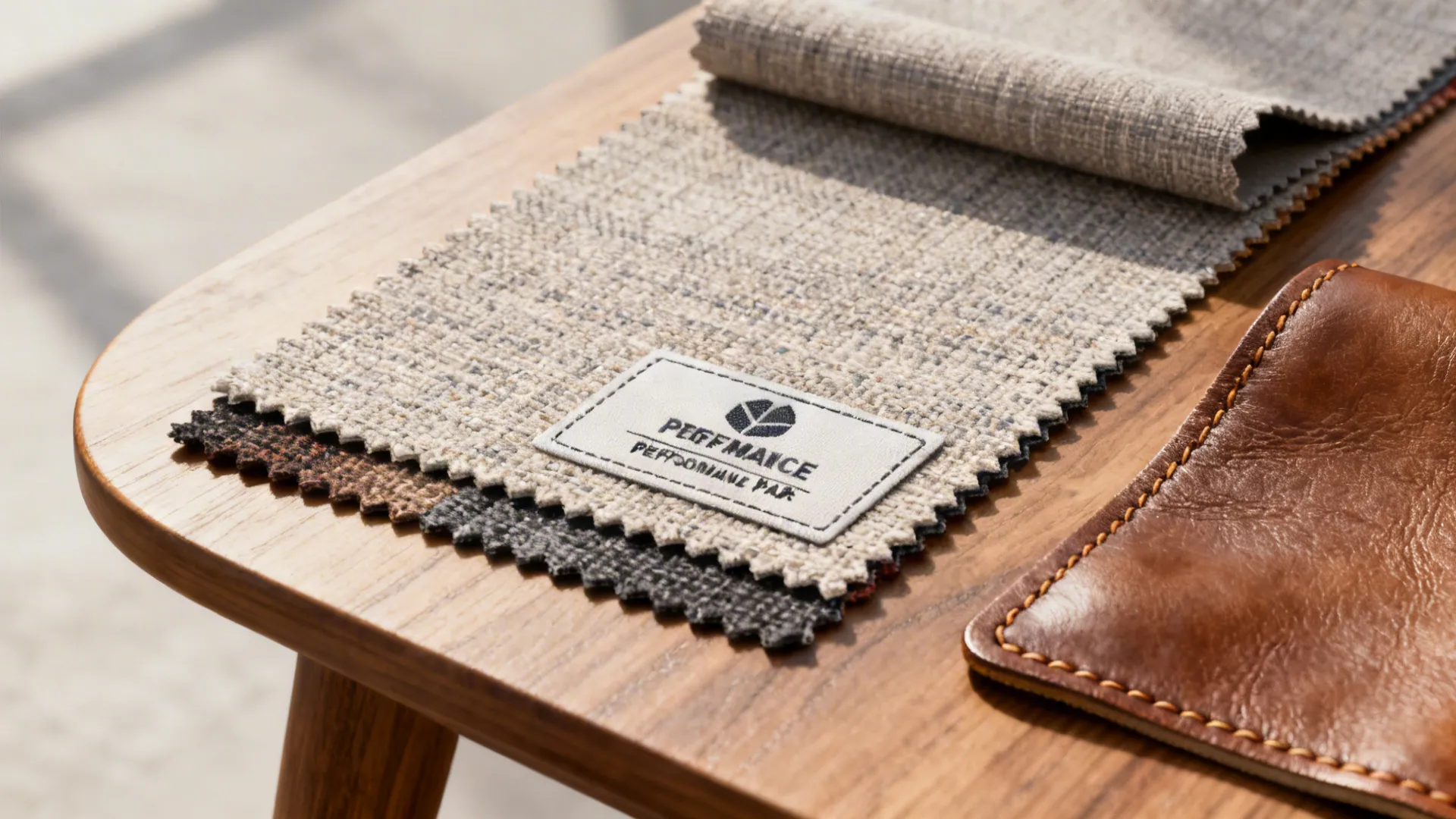 Fabric and leather samples illustrating durable performance materials for family living rooms.