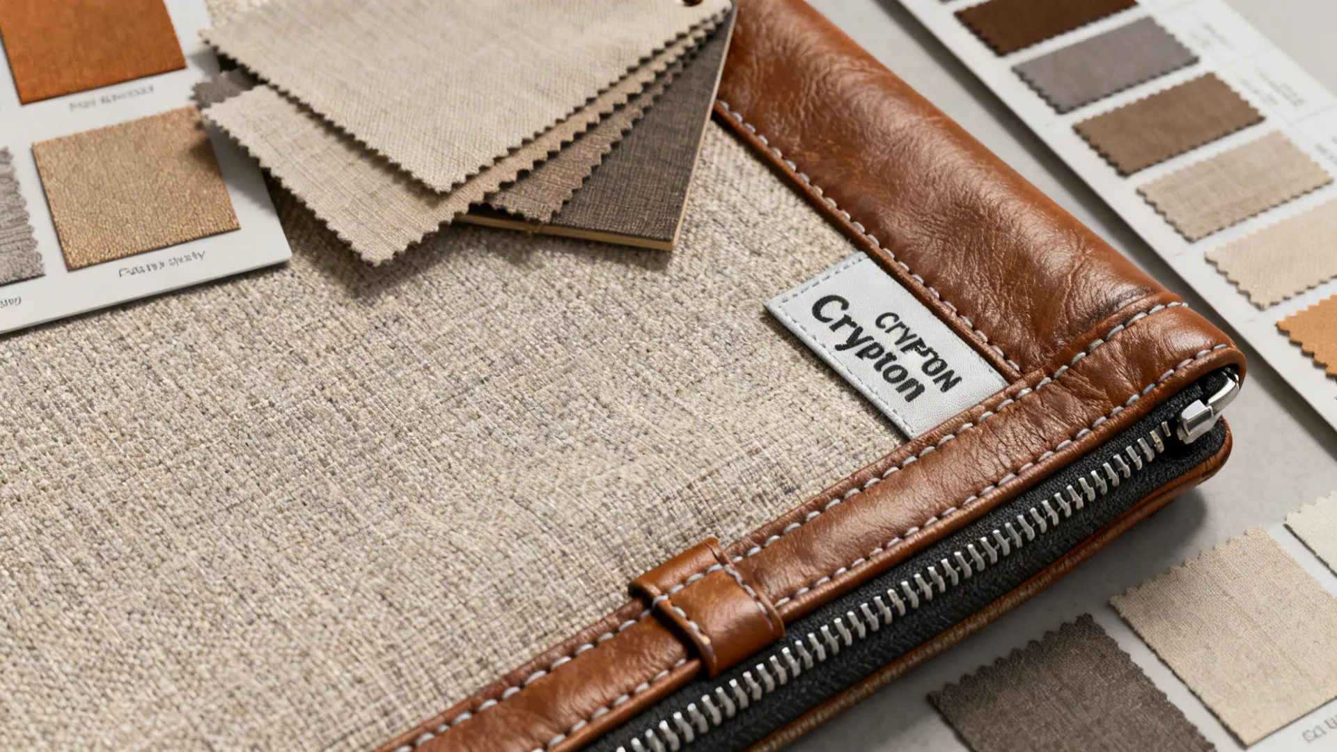 Flatlay of durable upholstery samples including polyester blends, leather, Crypton fabric, and zipped removable cover details.
