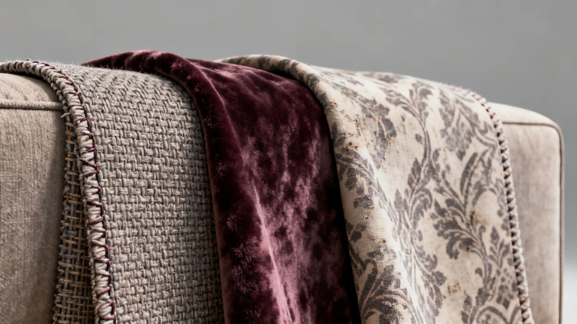 Various fabric samples including grey texture, purple velvet, and floral pattern draped over a sofa