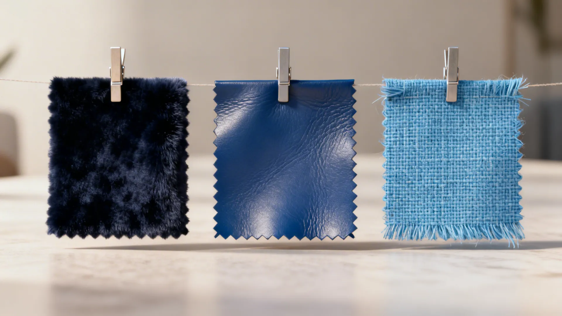 Three fabric swatches—navy velvet, mid-blue leather, sky-blue linen—displayed side by side.