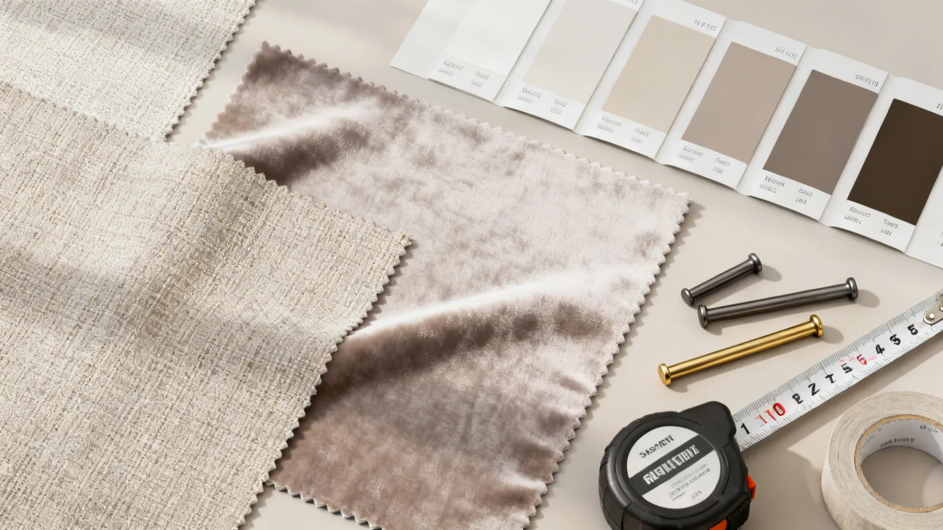 Top-down flatlay of curtain fabric swatches, rod finish samples, and measuring tape for planning installs.