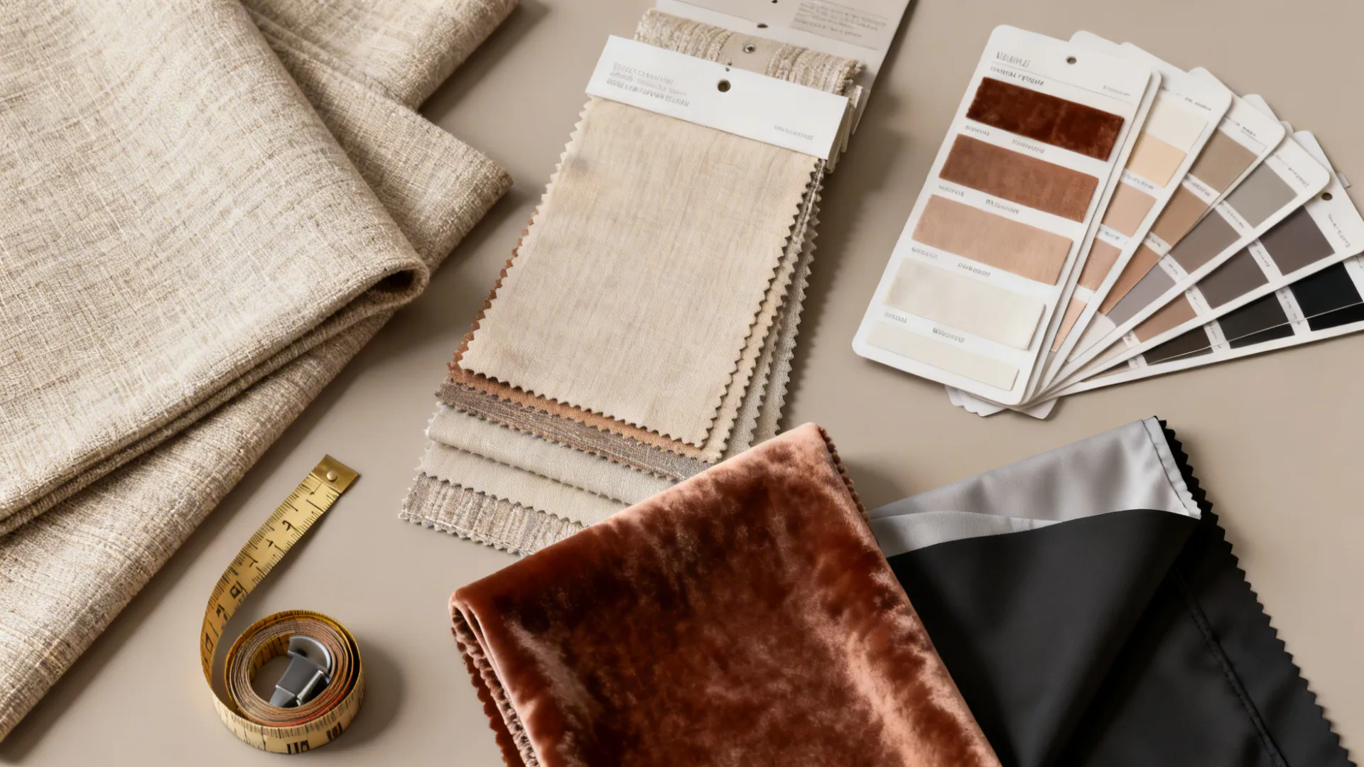 Top-down flatlay of linen, velvet, polyester and blackout lining swatches with measuring tape.