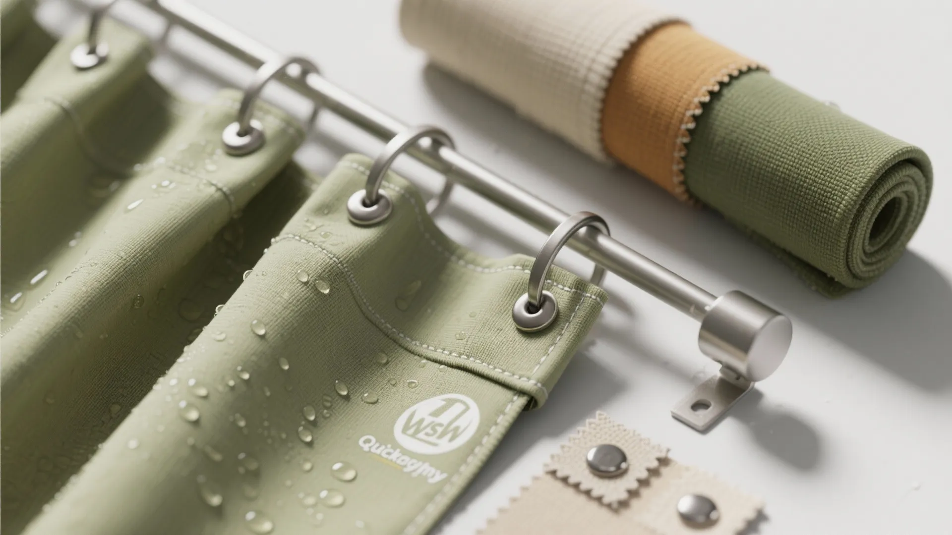 Green waterproof curtain hanging on a metal rod with water drops and rolled fabric samples