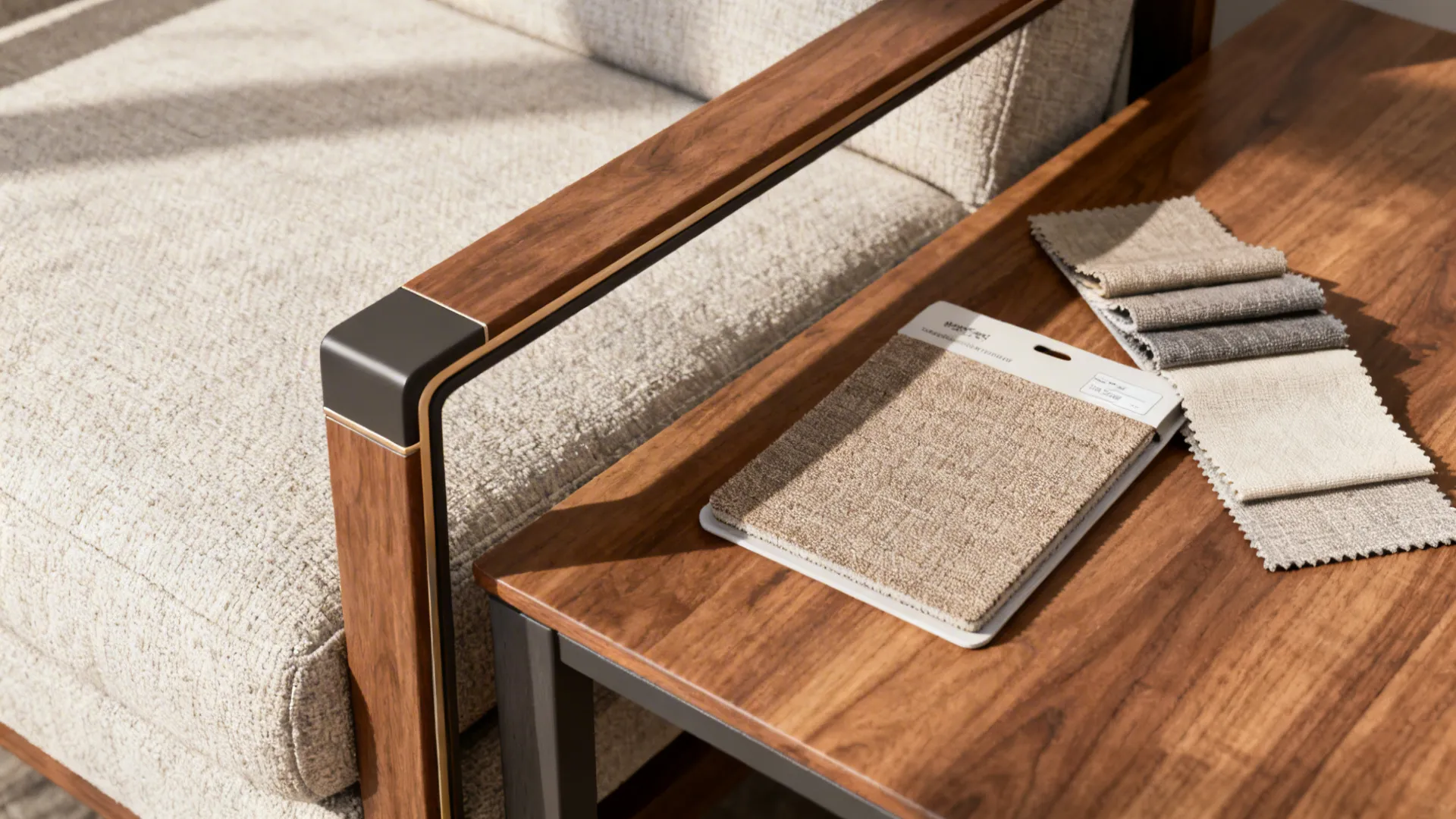 Fabric swatches and narrow arm profiles showing pet-friendly, stain-resistant upholstery options.