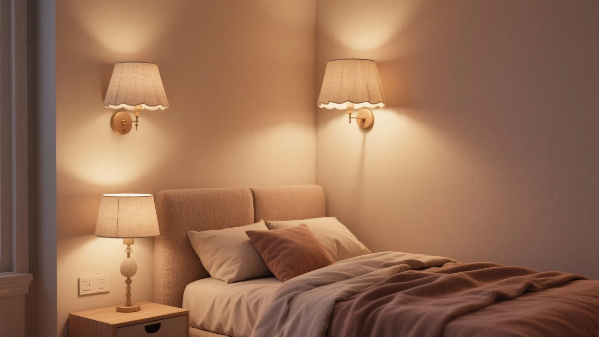 Cozy bedroom with beige bed, fabric wall lights, table lamp, and soft warm lighting atmosphere