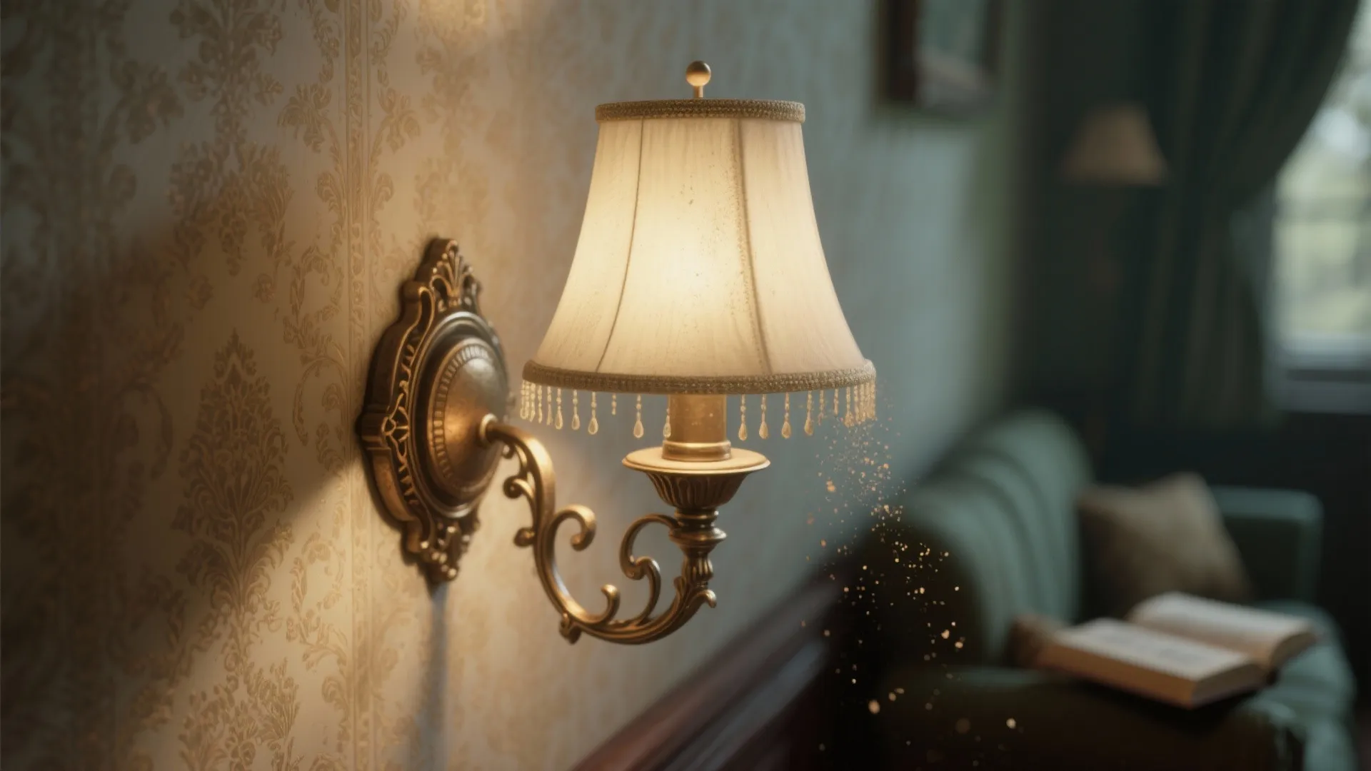Close-up of a Victorian fabric-shade sconce casting a warm glow on wallpaper.