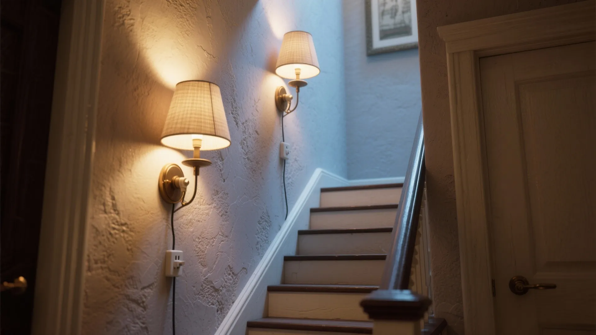 Entry staircase lit by decorative fabric-shaded plug-in wall sconces with hidden cords