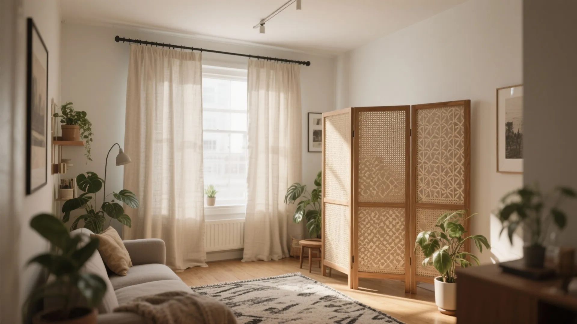 Bright living room with grey sofa wooden floor room divider beige curtains and green plants
