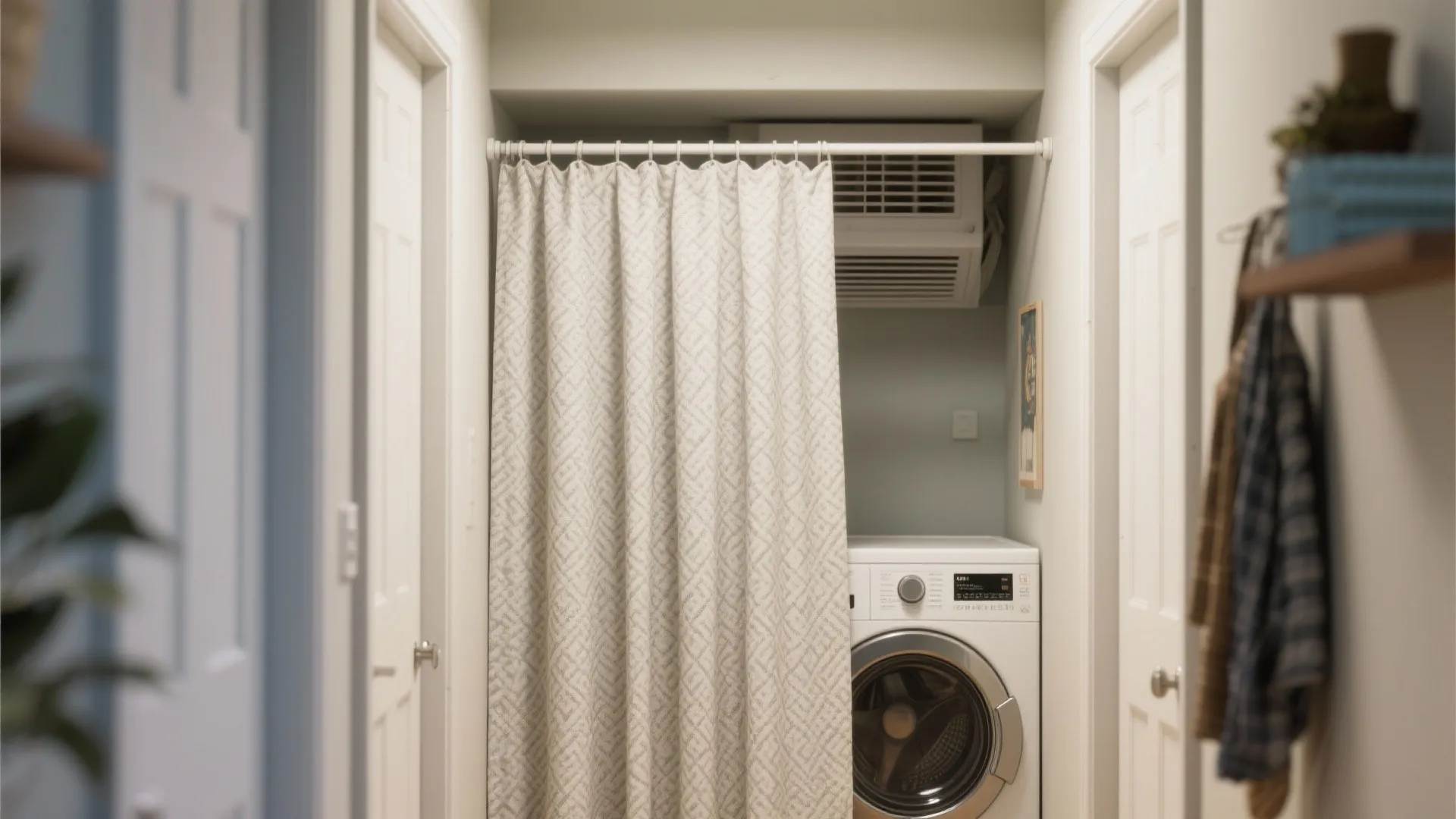 Small laundry area with white washing machine partially hidden by a grey patterned hanging curtain
