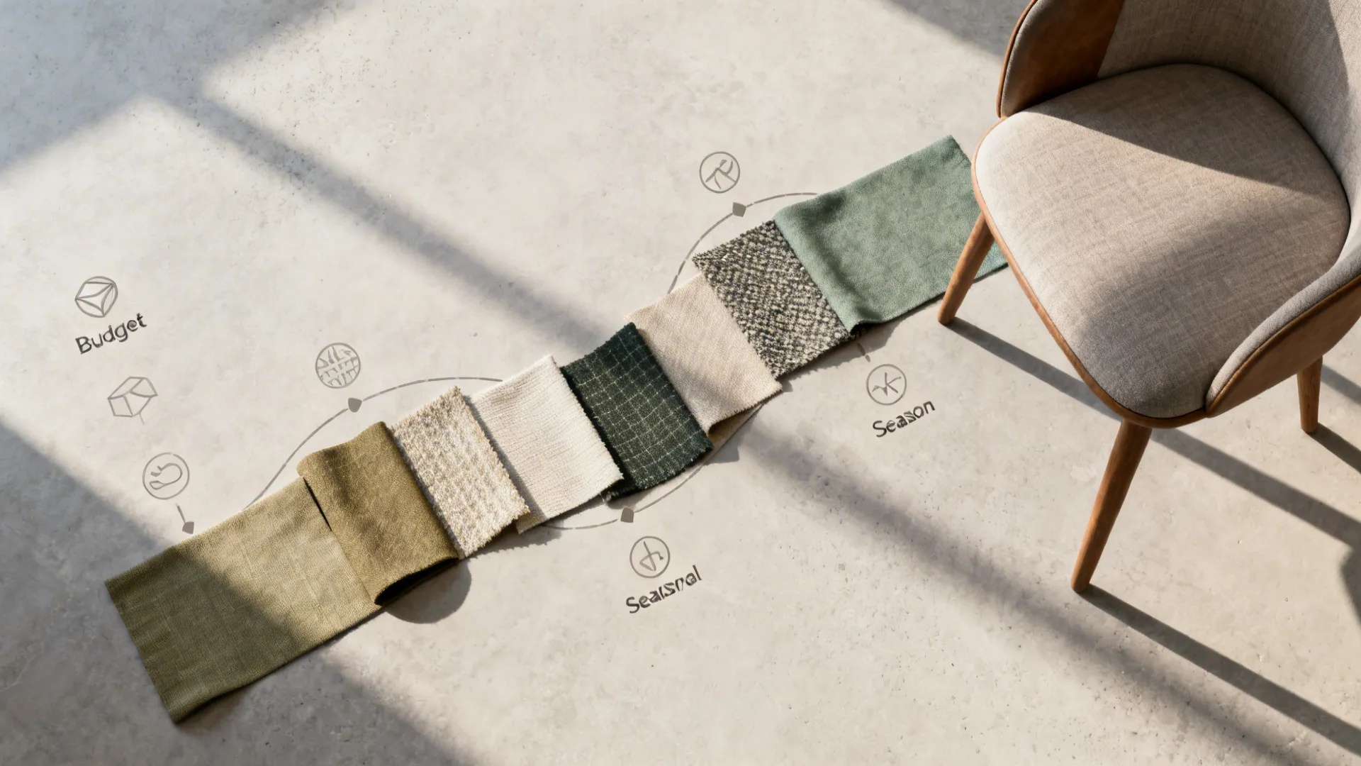 Top-down view of fabric swatches and icons showing a selection process for dining chair fabrics.