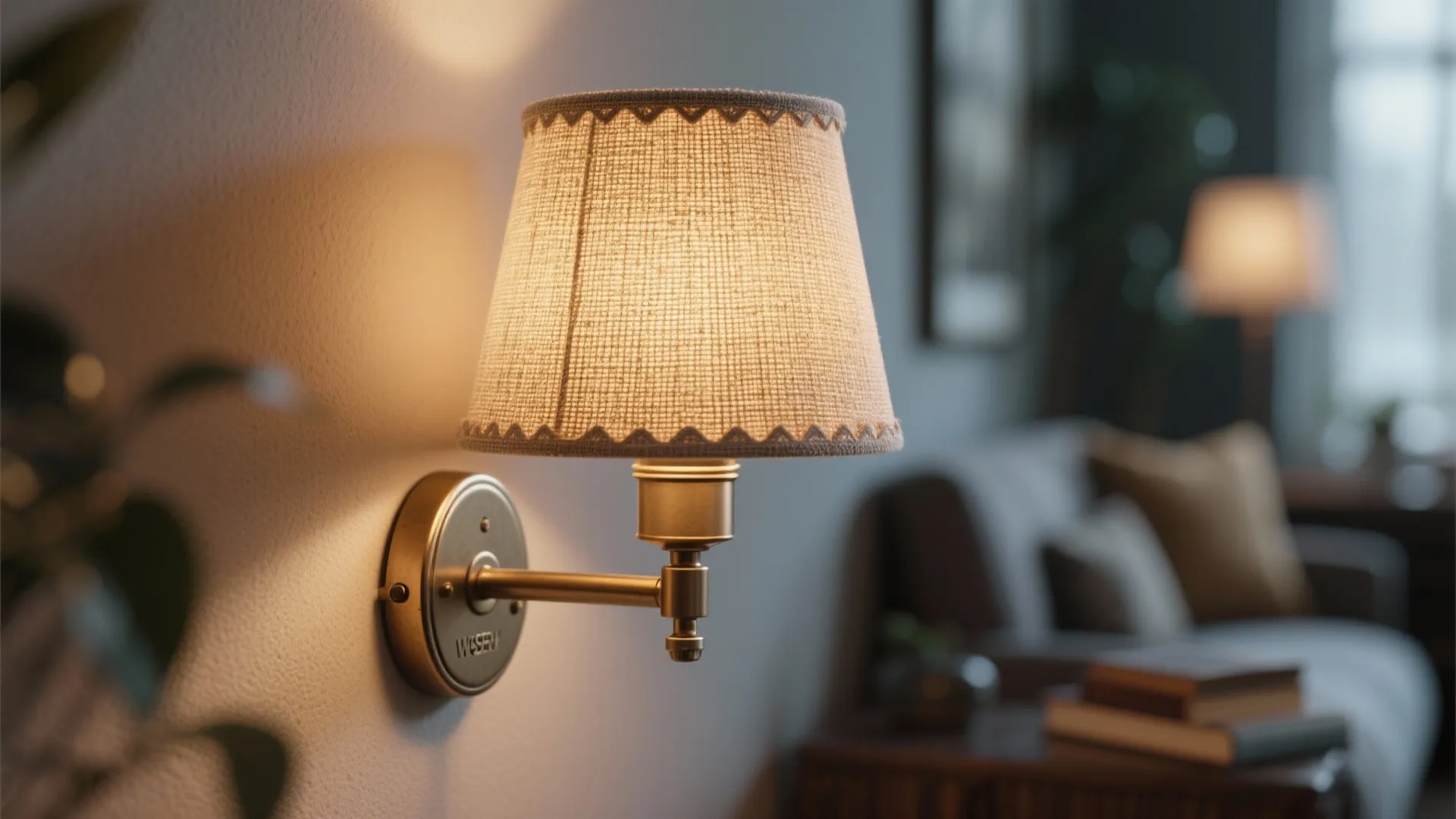 Decorative battery wall lamp with textured fabric shade casting warm reading light