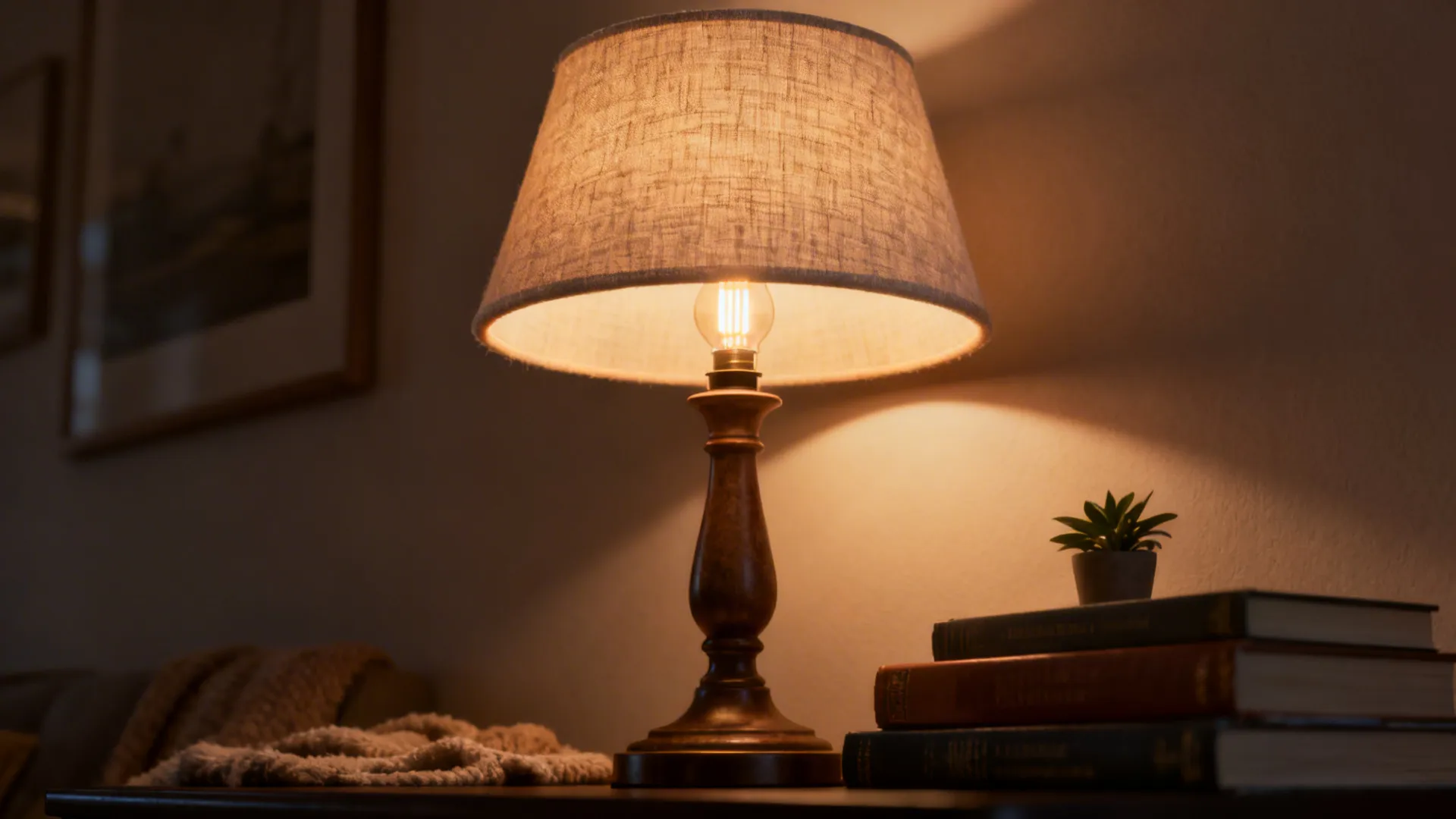 Fabric-shaded table lamp emitting a soft warm glow on a side table with books