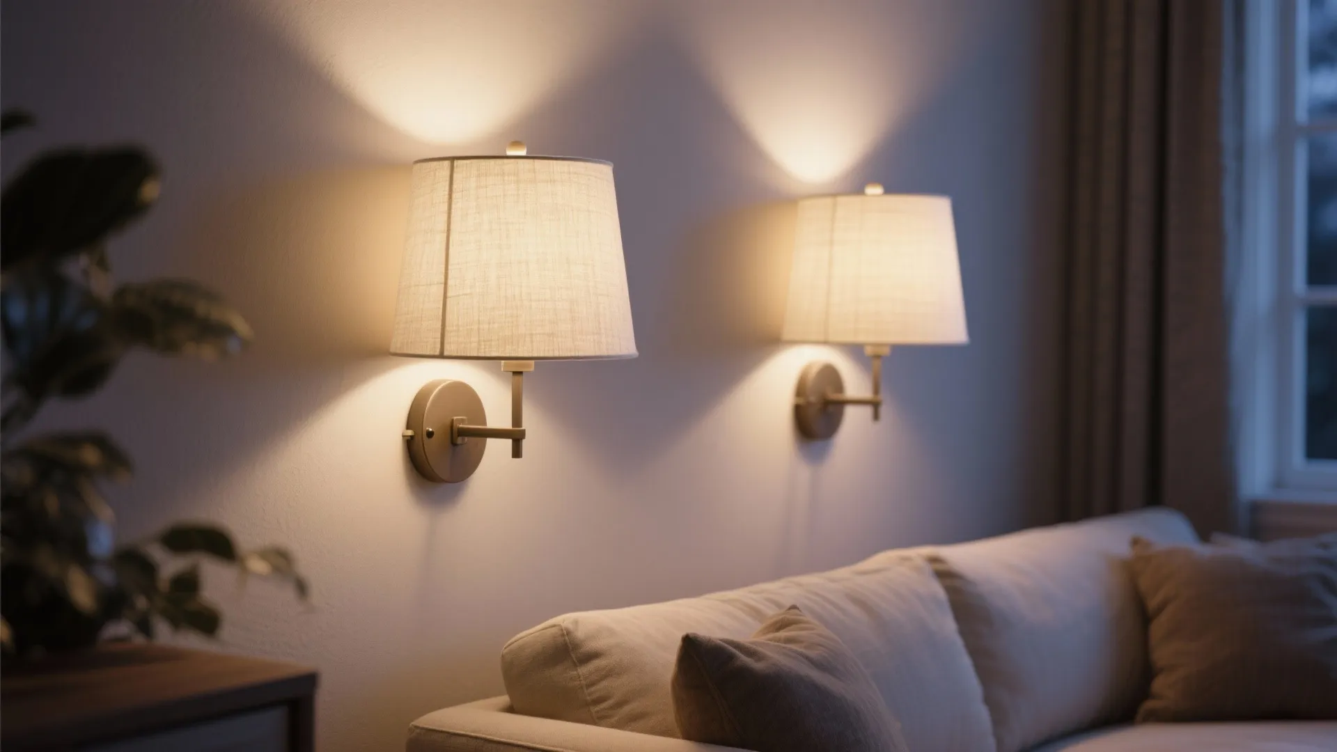 Two classic wall light fixtures with fabric shades mounted on white wall above beige sofa