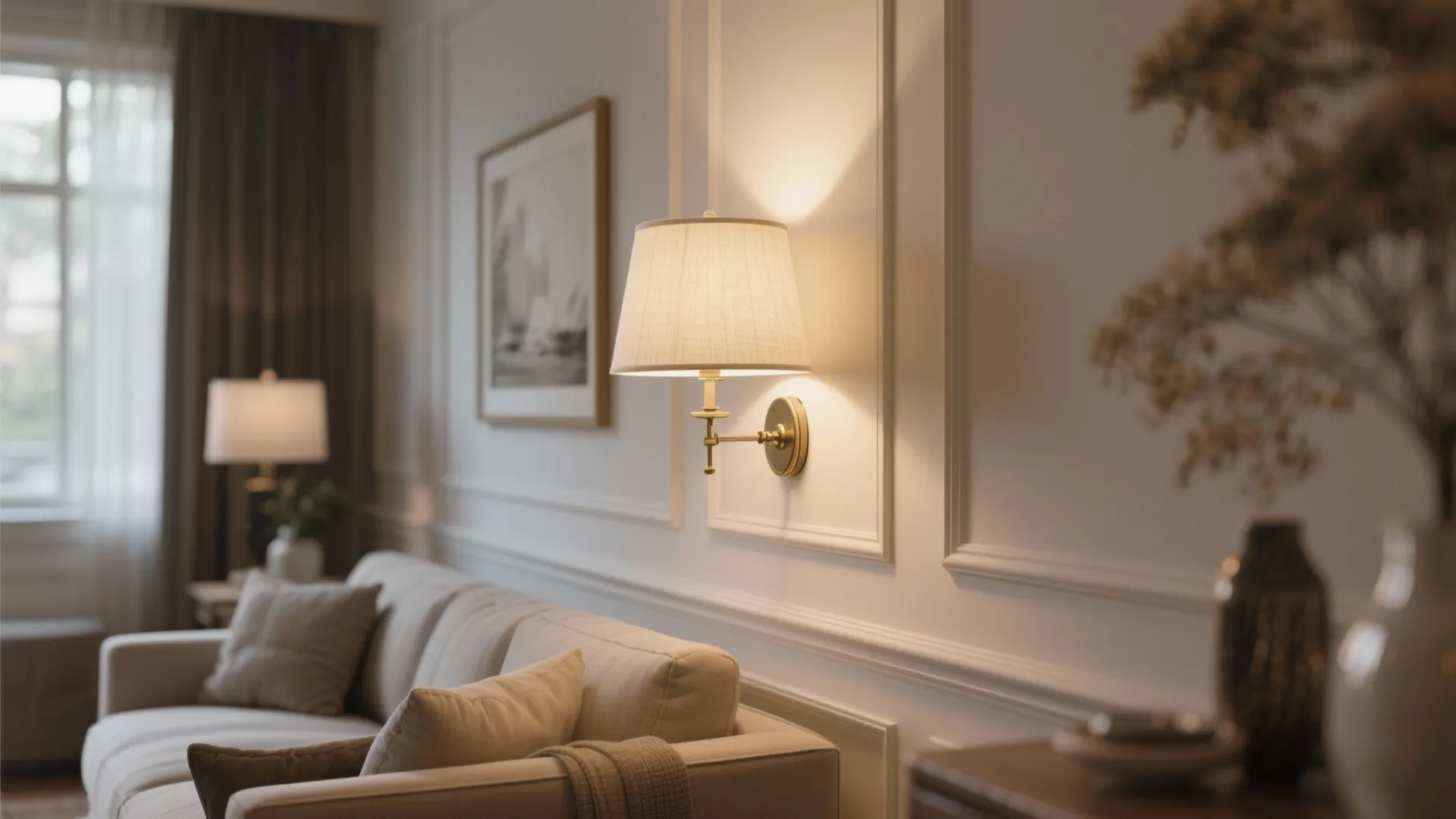 Wall sconce with cream fabric shade casting warm glow