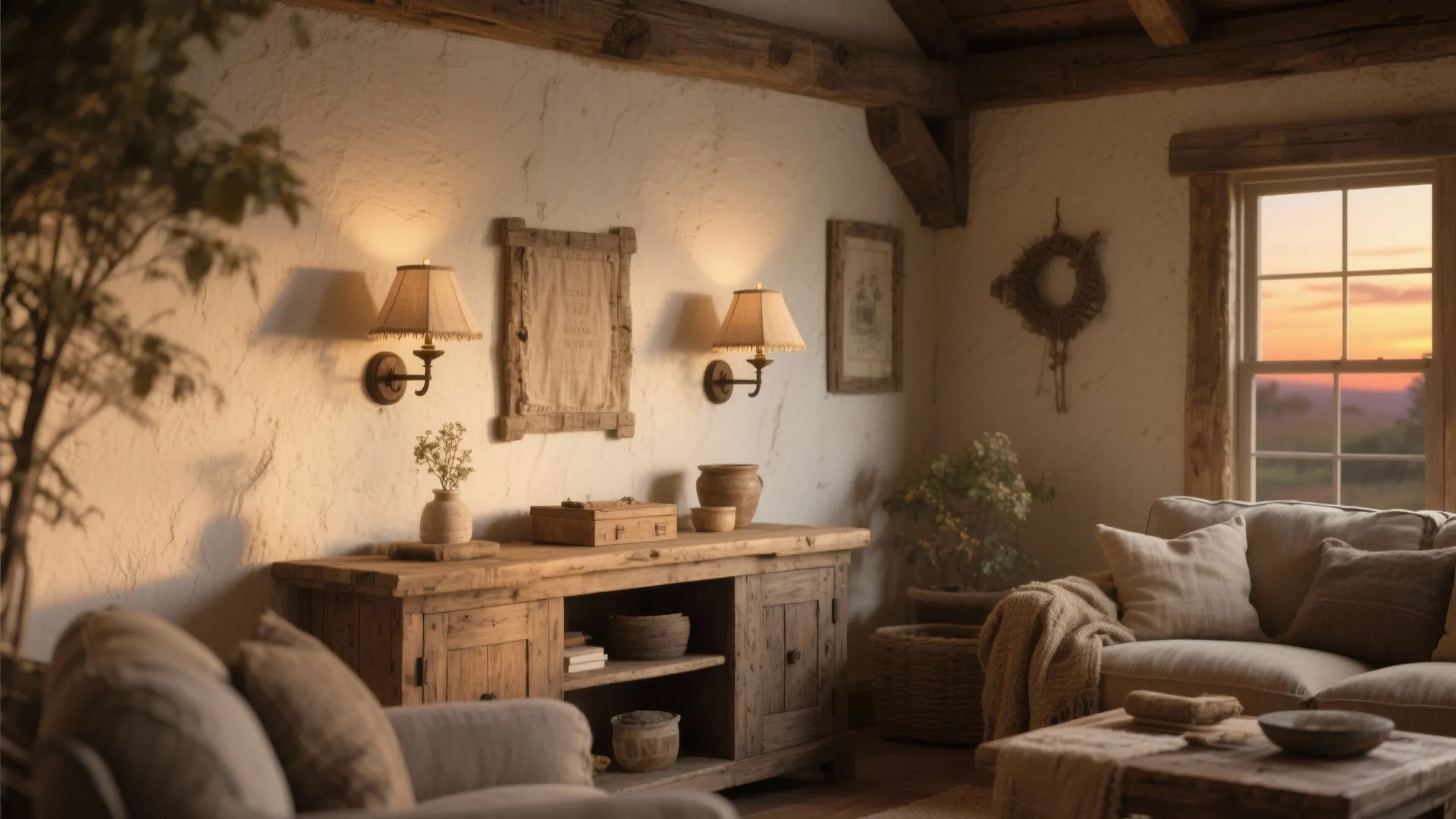 Rustic living room with linen shade wall sconces and warm lighting
