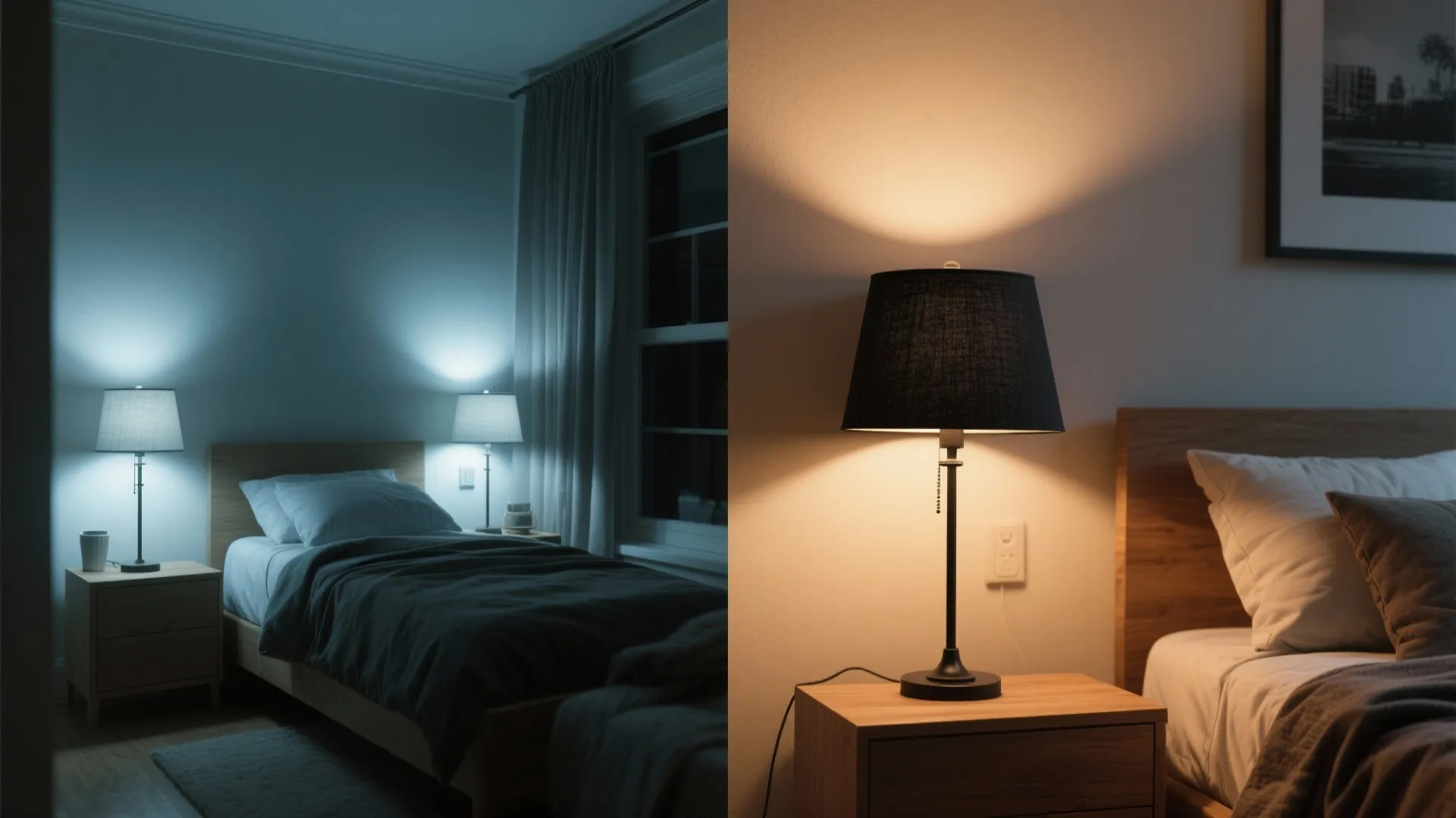 Before and after bedroom lighting comparison showing dark cool tones versus warm cozy lamp light