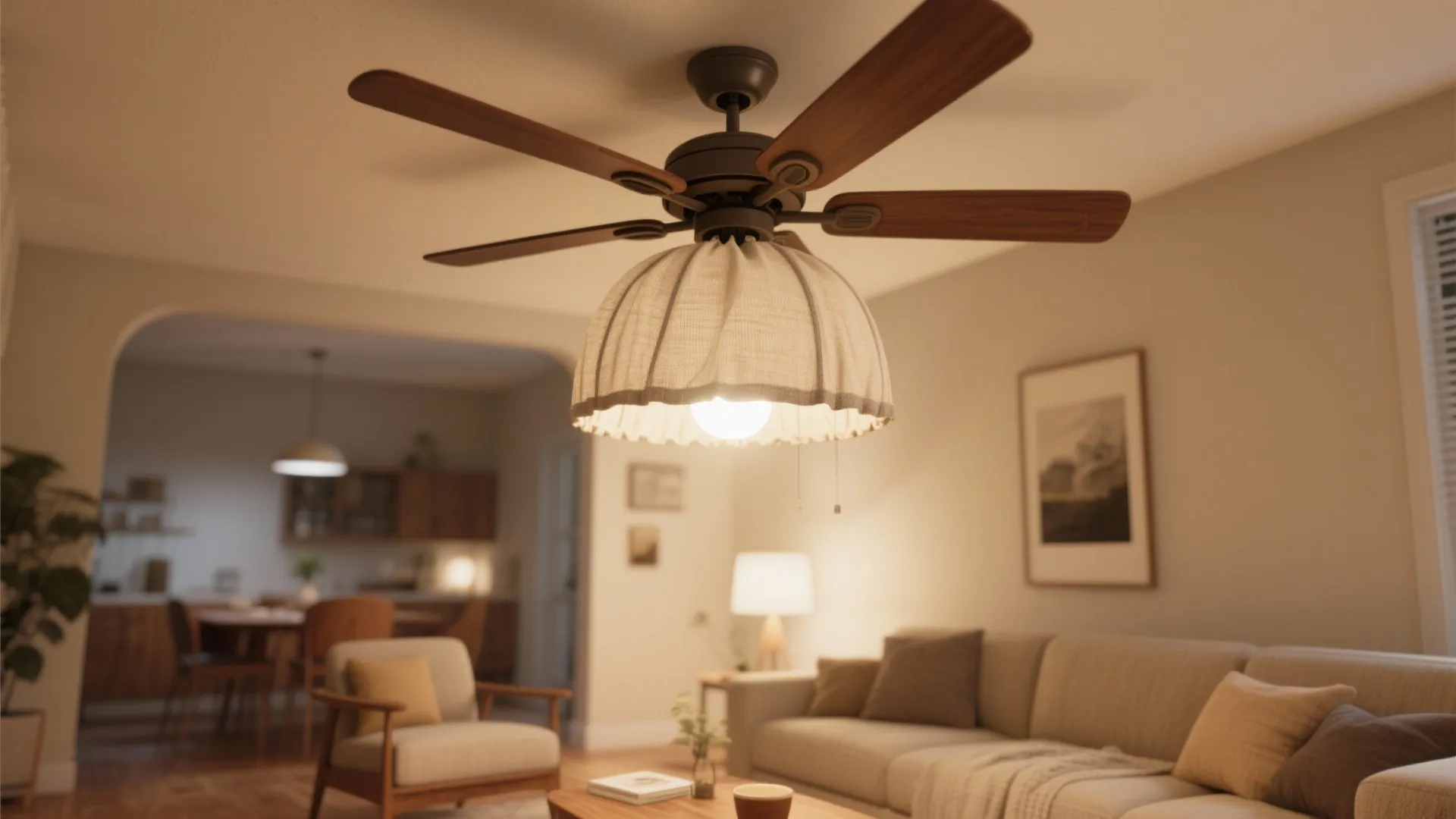 Ceiling light with fabric shade on a wooden fan in a warm modern living room