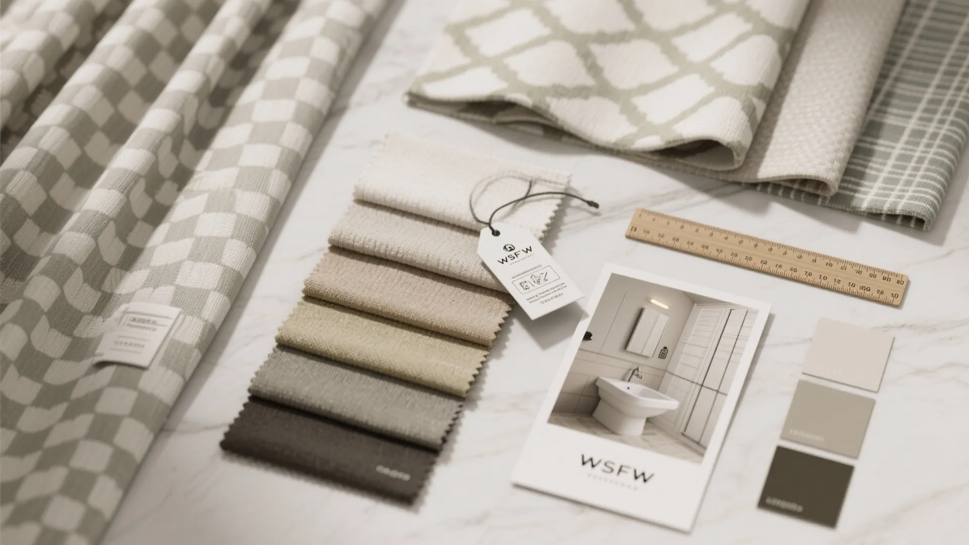 Flat-lay of shower curtain fabric swatches, care labels, mildew-resistant tag and color chips for selection and maintenance tips.