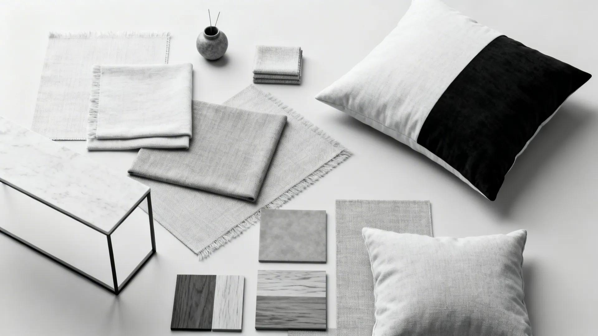Top-down flatlay of fabric swatches, small accessories, and wood chips showing a tonal palette with a bold accent pillow.
