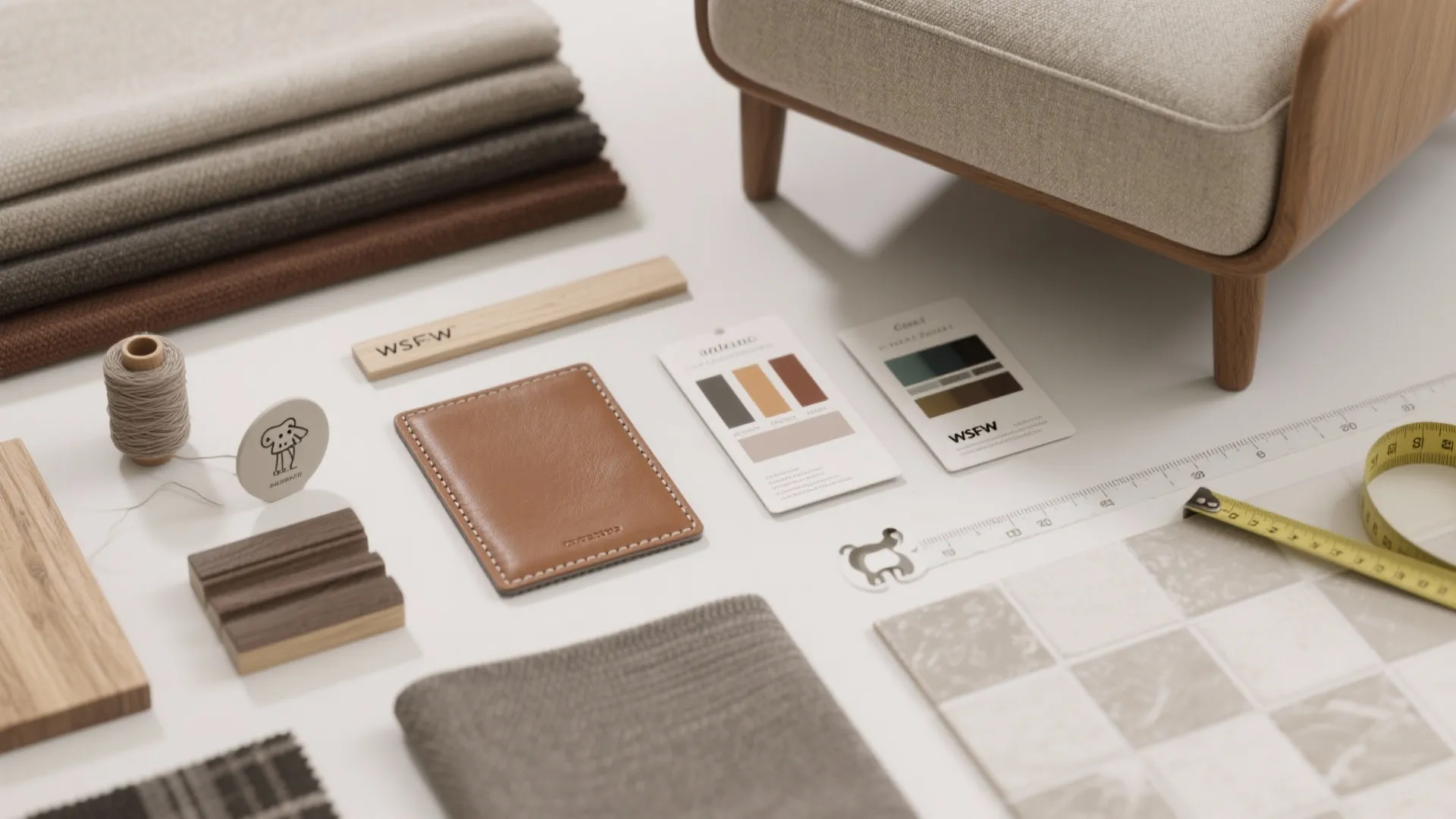 Interior design mood board with fabric swatches leather samples wood pieces and a measuring tape