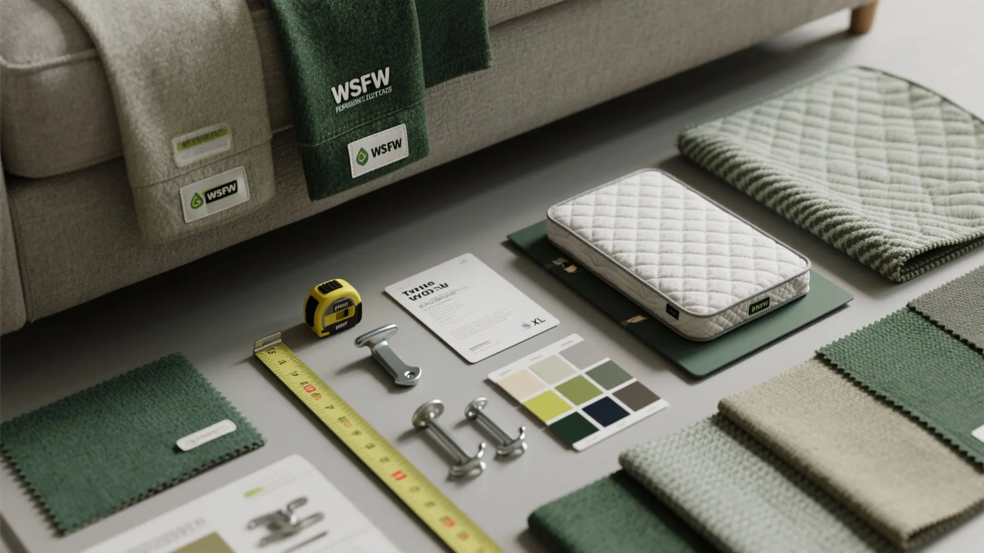 Interior design materials including green fabric swatches color palette tape measure and small mattress sample tool