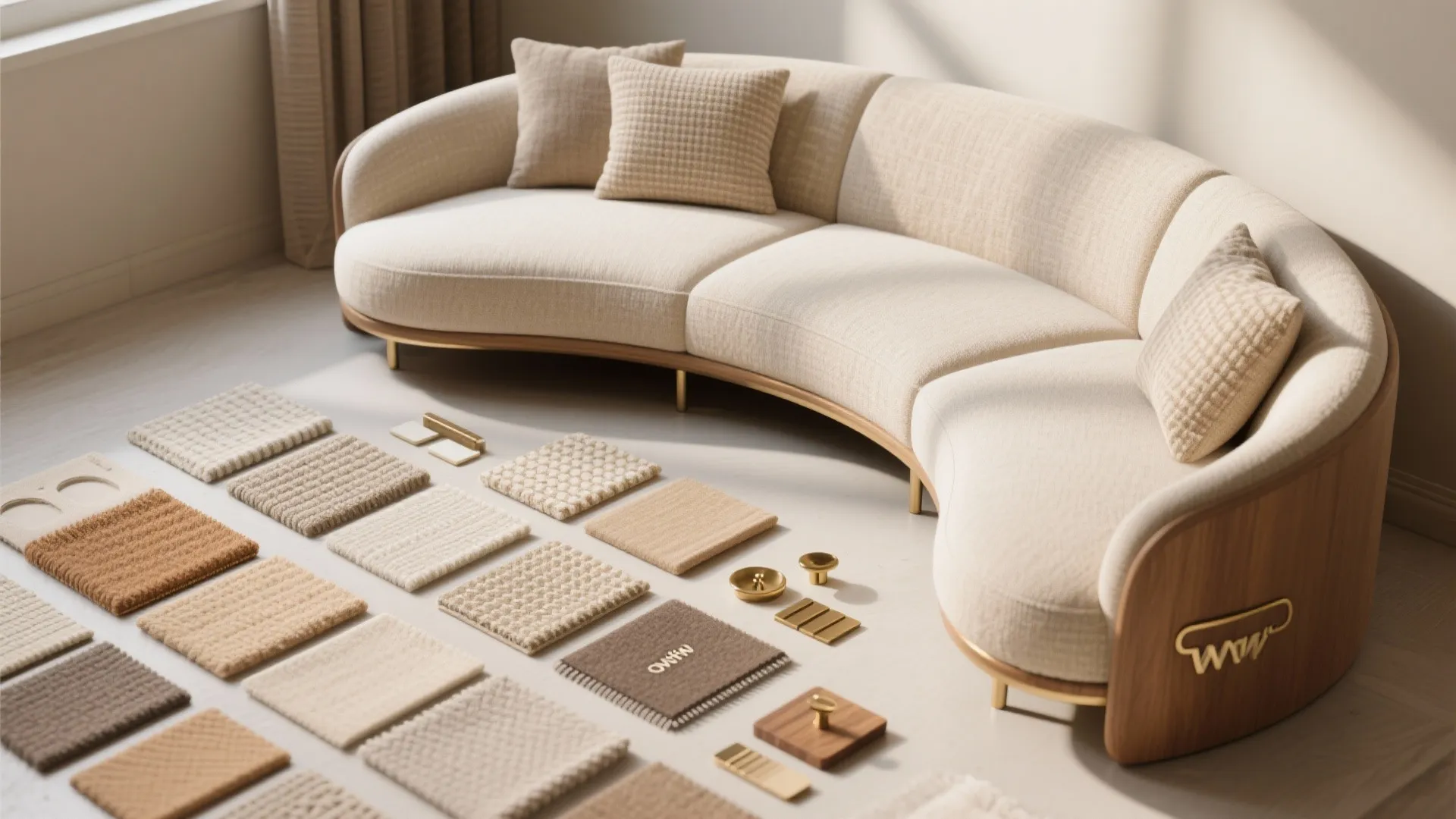 Curved cream sofa surrounded by various fabric swatches and material samples on a light floor