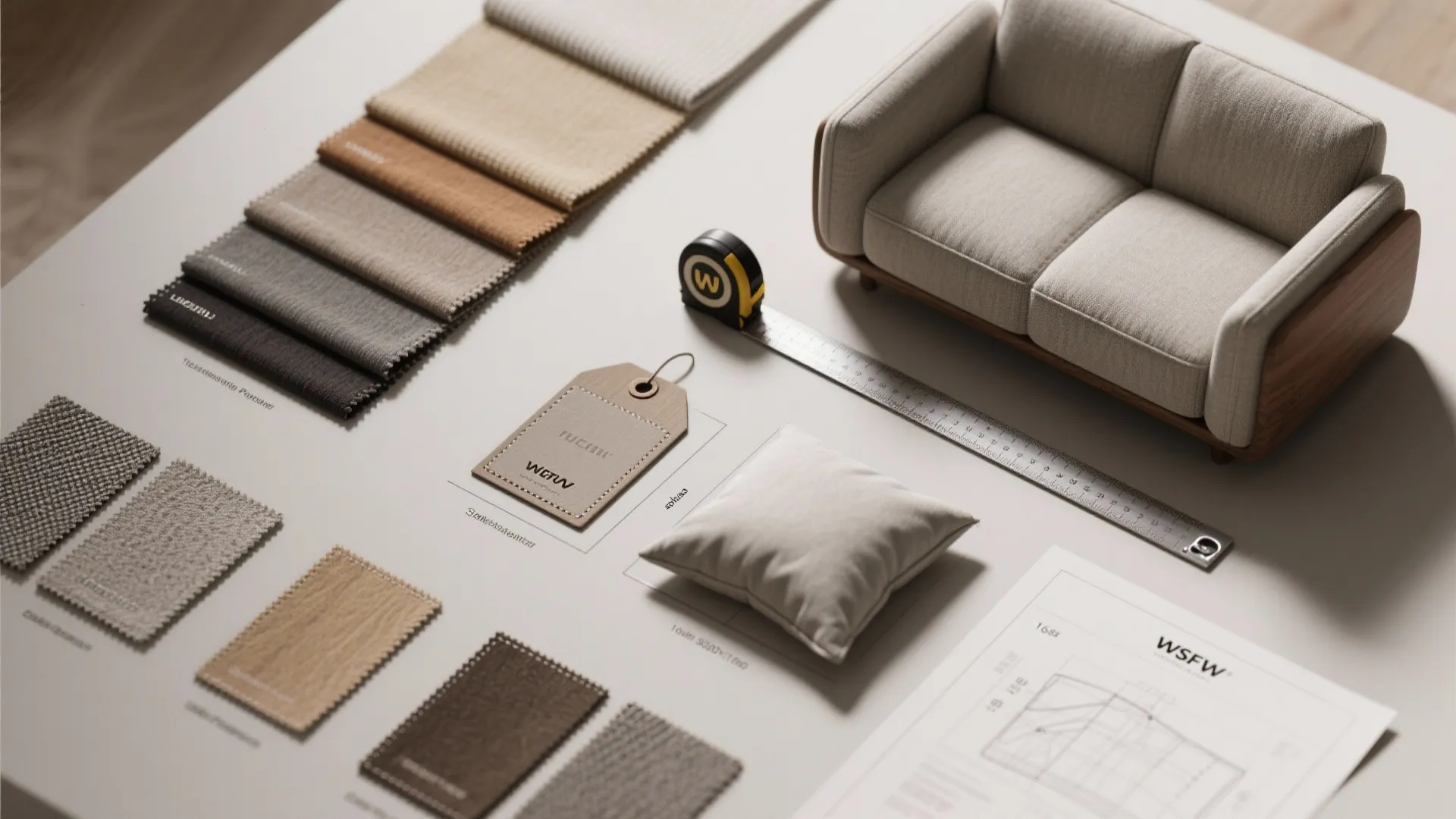Table with various fabric samples a small sofa model a measuring tape and design papers