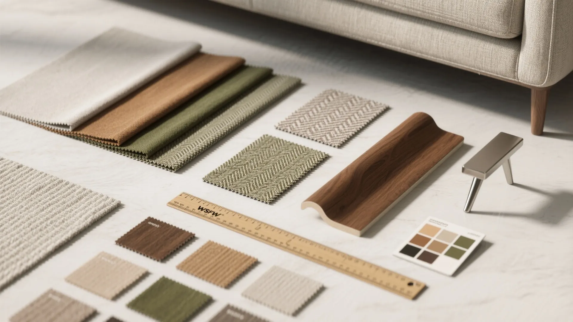 Top-down flatlay of fabric swatches, wood and metal samples, and measurement tools for choosing small-space couches.