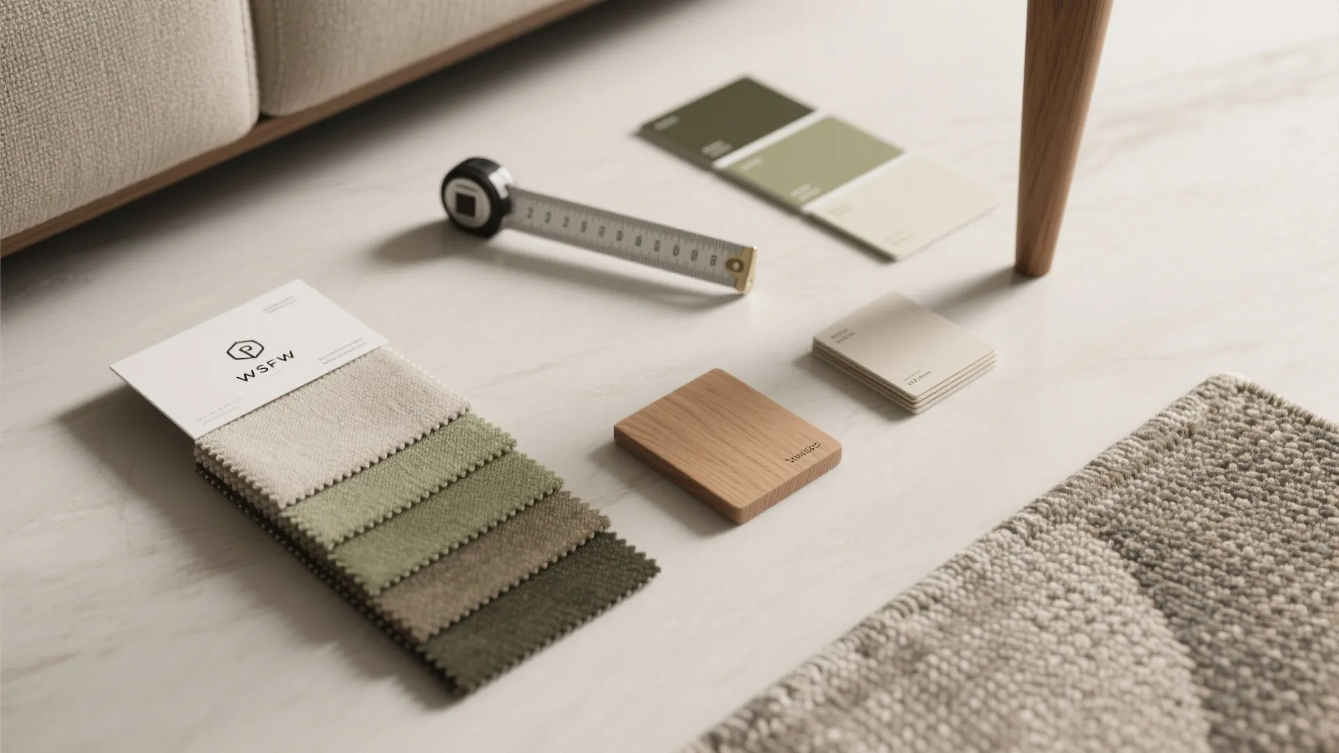 Top-down flatlay of fabric swatches, color chips, a measuring tape, and a wood leg sample for sofa selection.