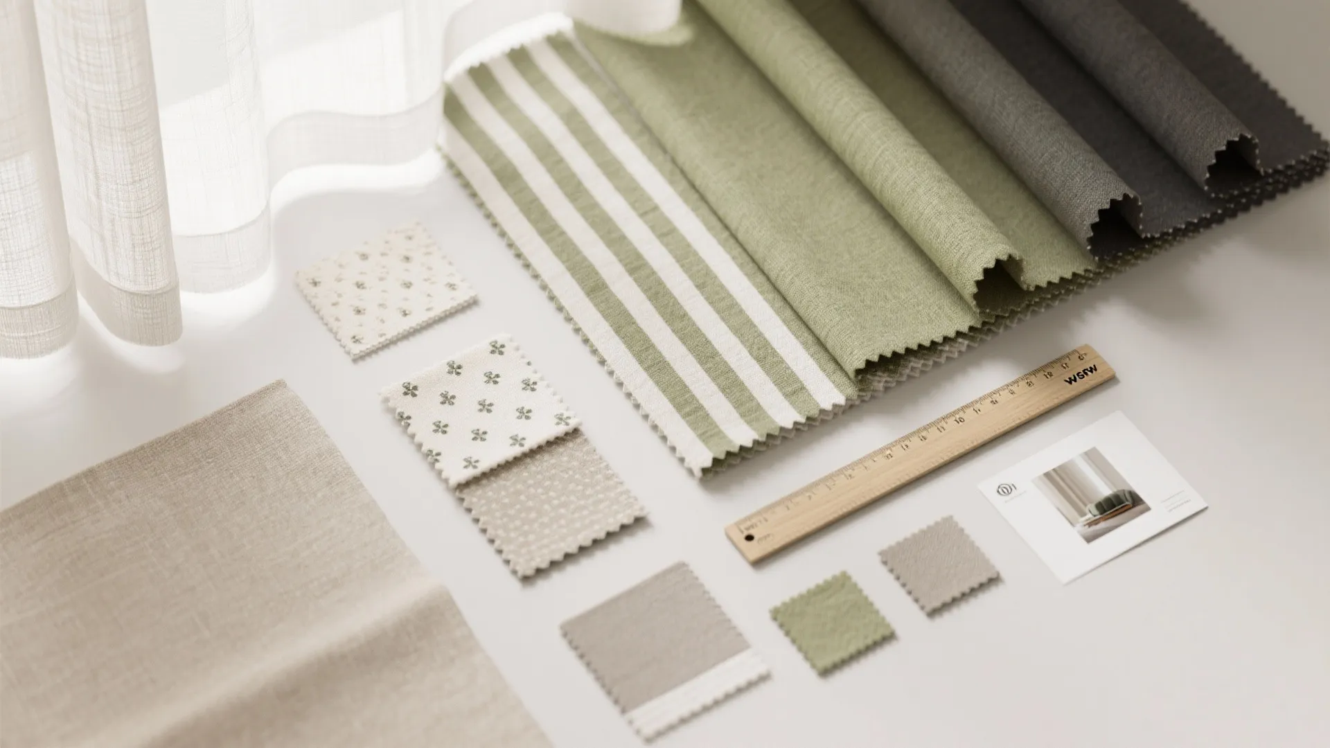 Various green and grey fabric samples arranged on a white table with a wooden ruler